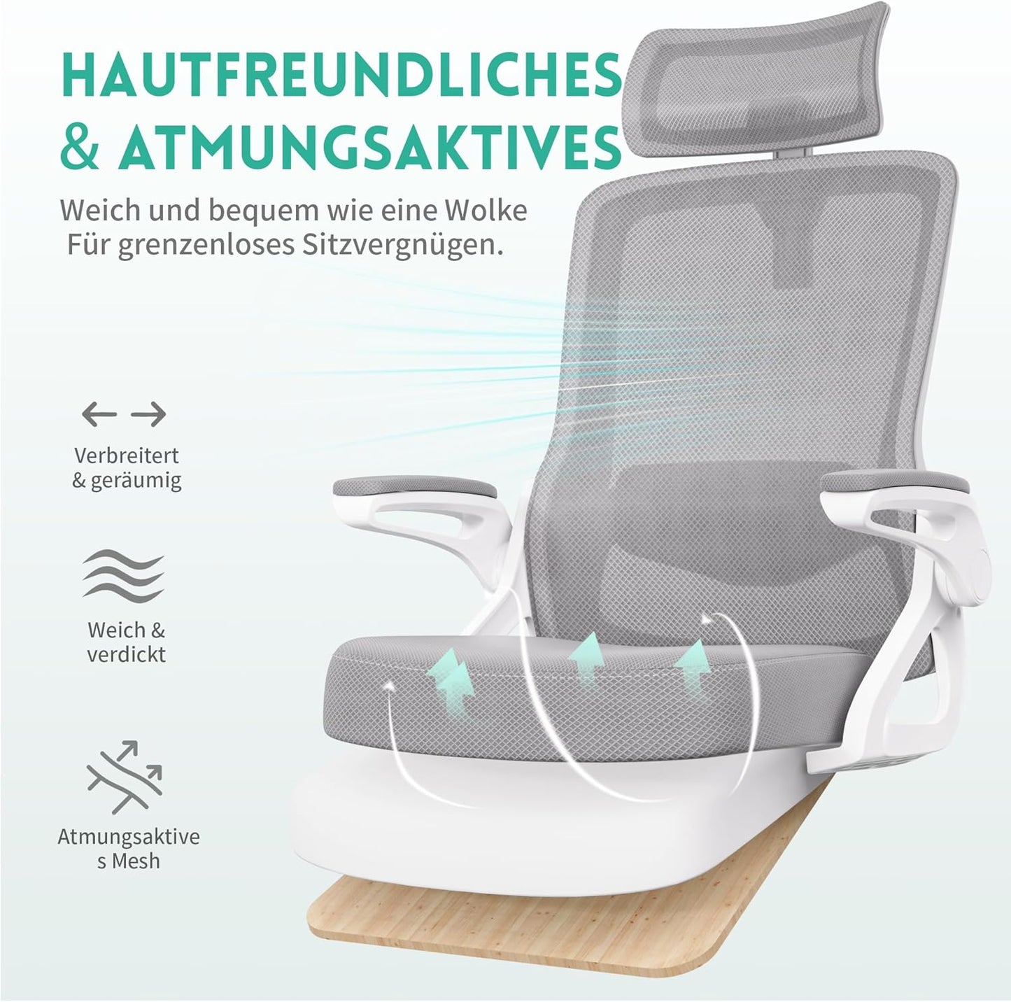 Ergonomischer S-förmiger Bürostuhl ‎W-23-1W mit Klapparmlehnen, Weiss Grau