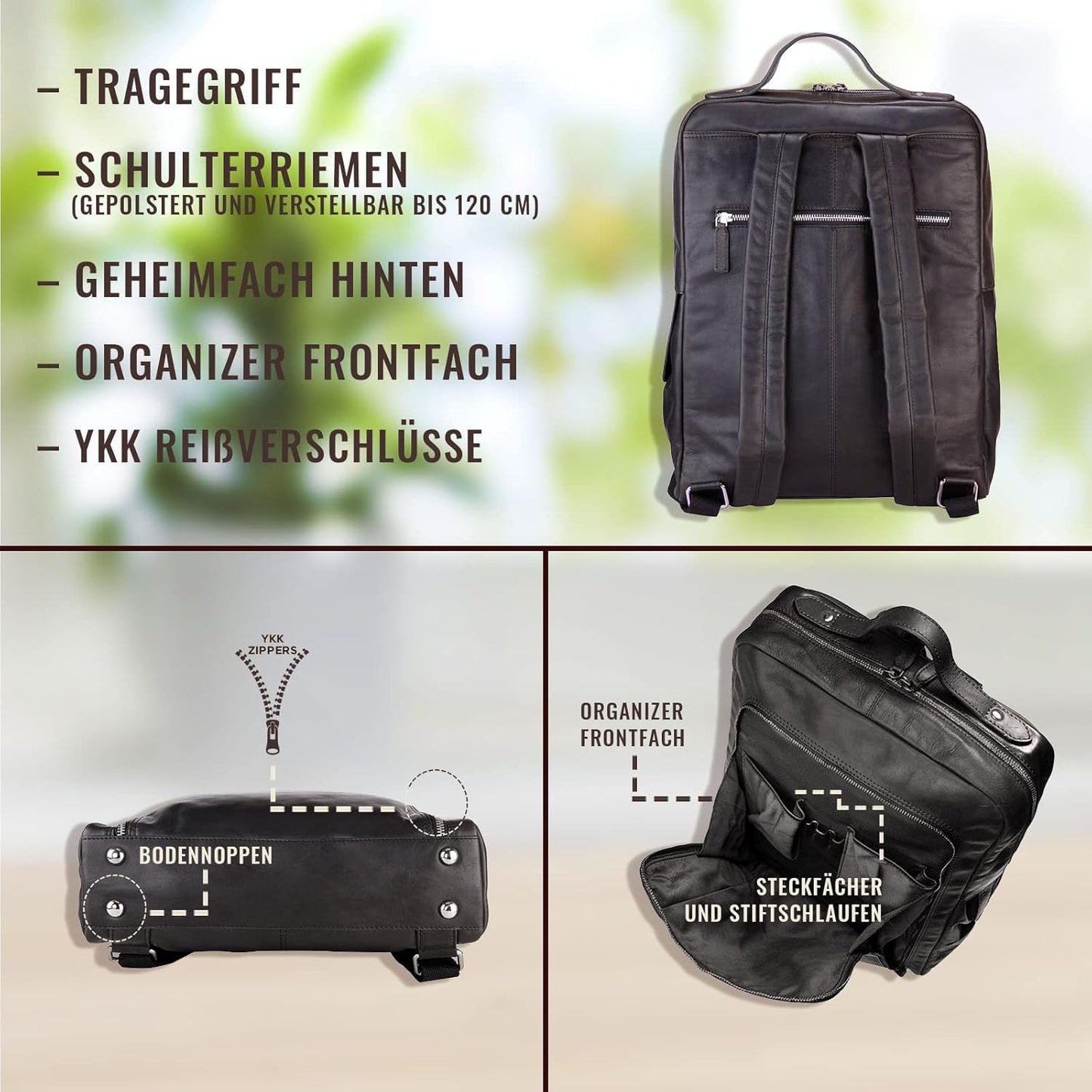 Lederrucksack mit Organizer-Fach, Schwarz