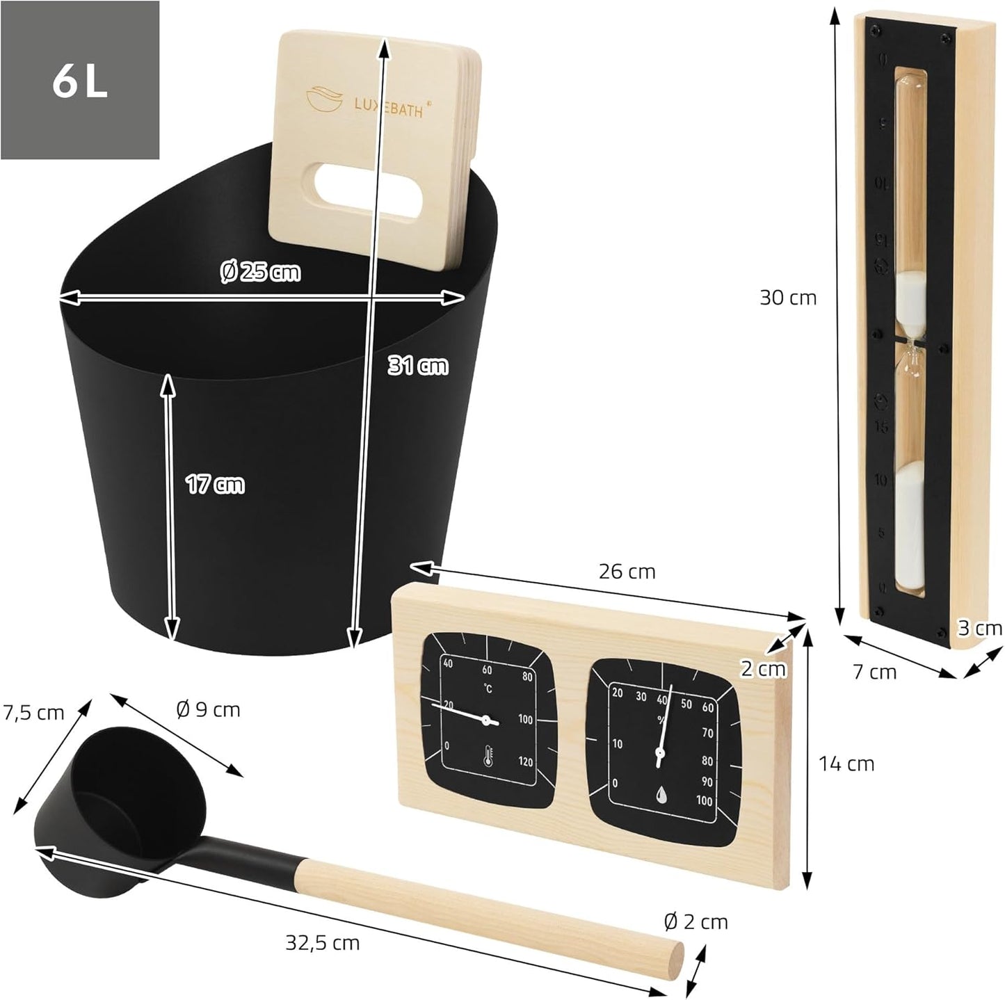Saunazubehör-Set aus Aluminium & Holz