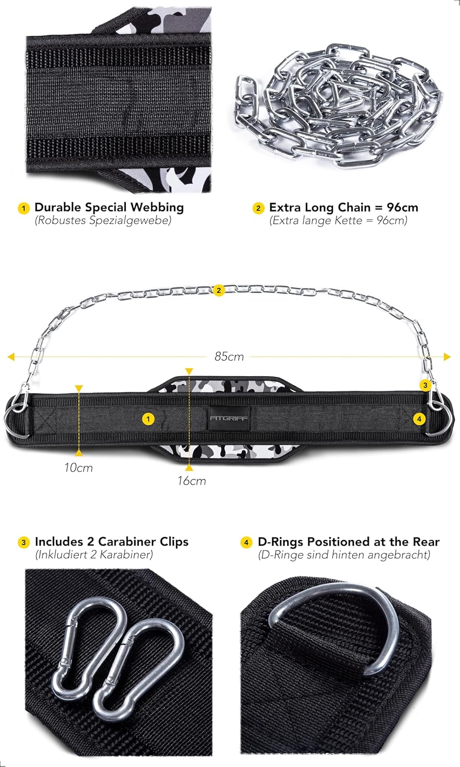 Dip Gürtel mit Kette und Karabiner für Krafttraining, Camo Einheitsgröße