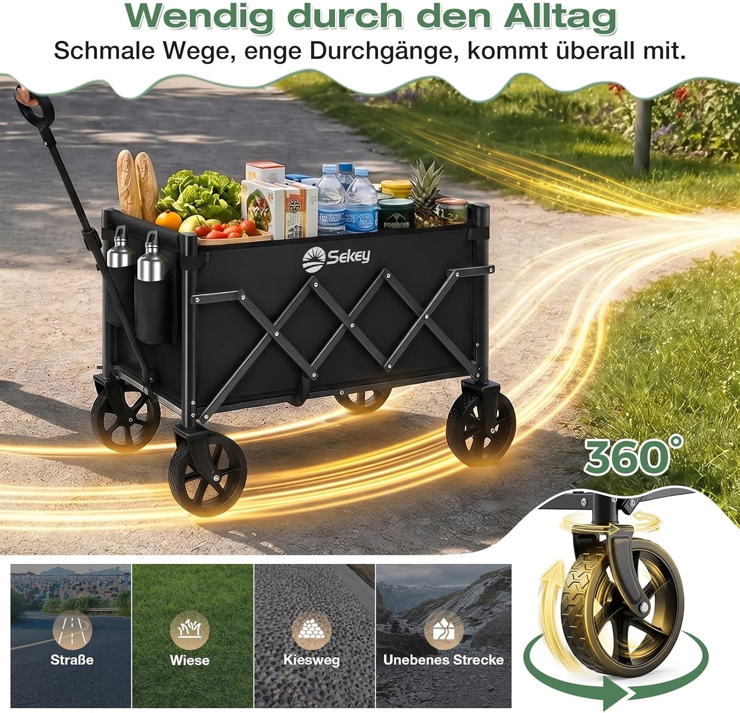 Faltbarer Bollerwagen mit verstellbarem Griff, Schwarz 60L