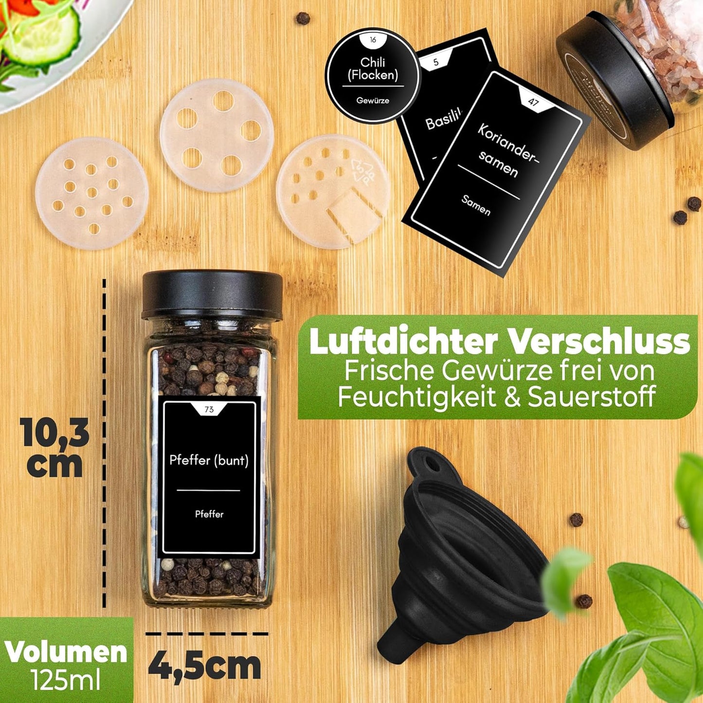 36-teiliges Gewürzgläser-Set mit Streueinsatz, 36er Set - Mattschwarz