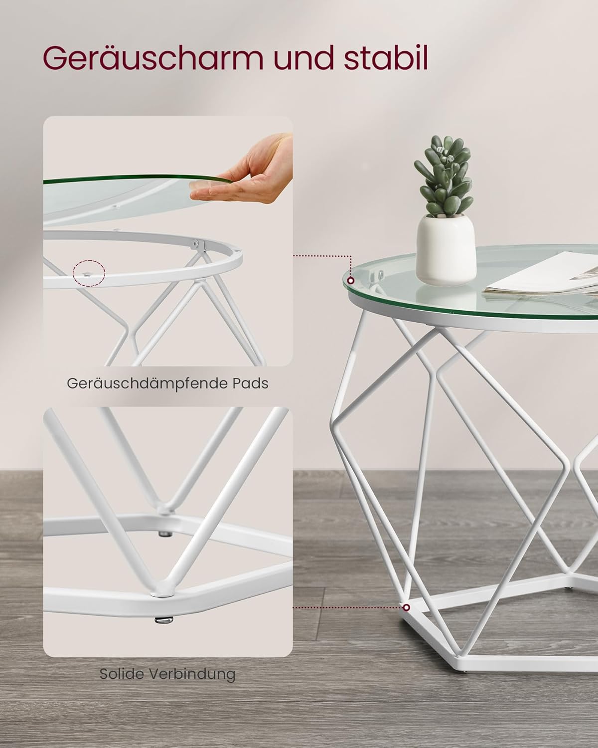 2er-Set Runder Couchtisch mit abnehmbarer Tischplatte, Transparent + Wolkenweiss