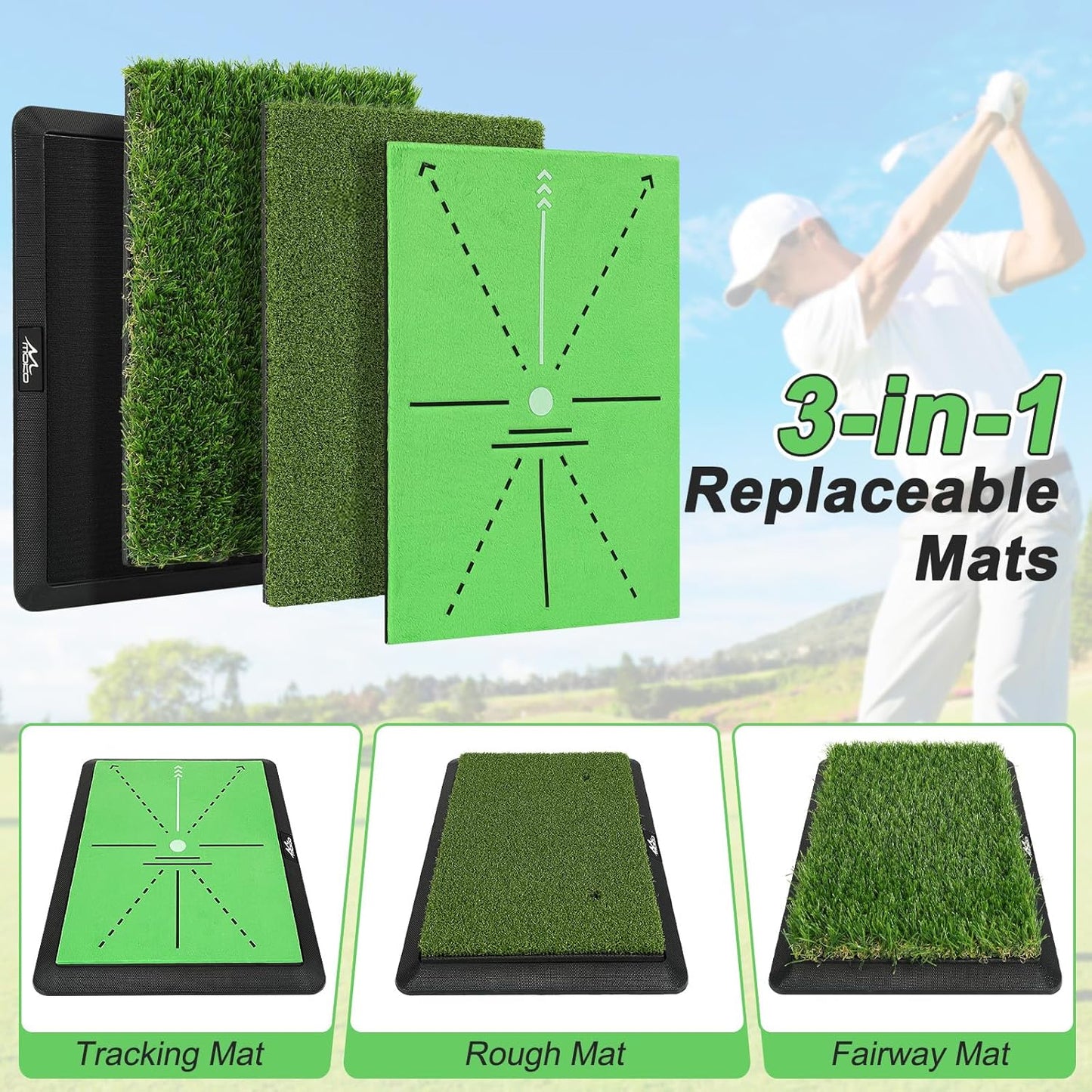 Golf-Schlagmatte mit Schwungbahn-Feedback, 3-in-1