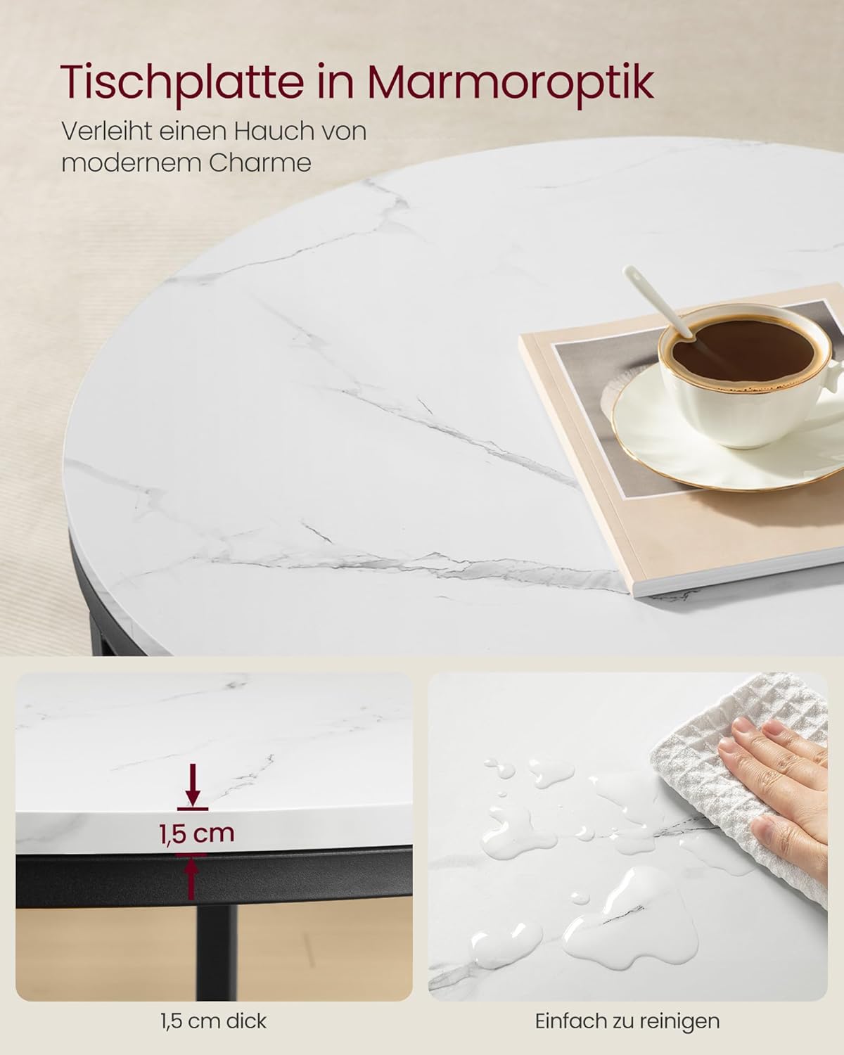 Moderner Couchtisch mit Glasplatte und Stauraum, 65d cm Marmorweiss + Tintenschwarz