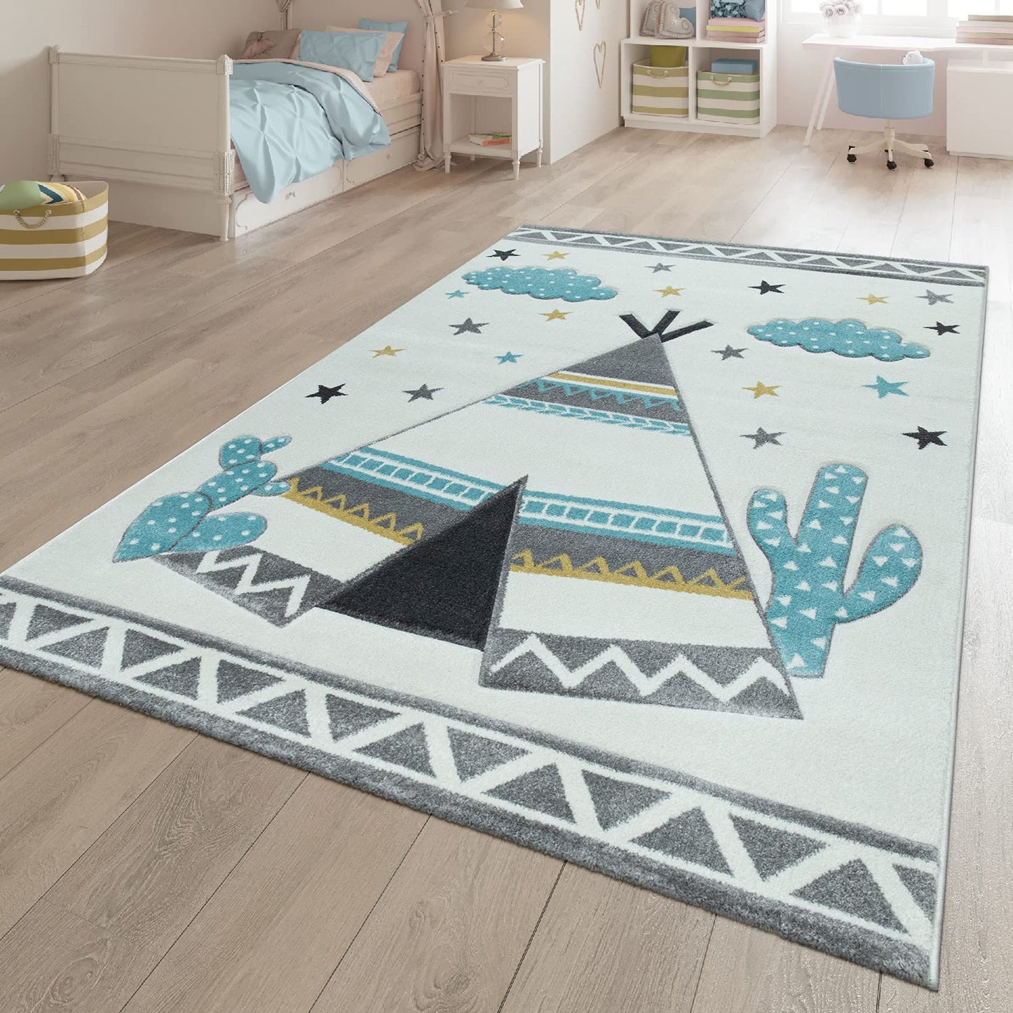 Kinderteppich Rund mit Tipi-Zelt-Motiv (120 cm), Ø 120 cm Rund Creme Tipi
