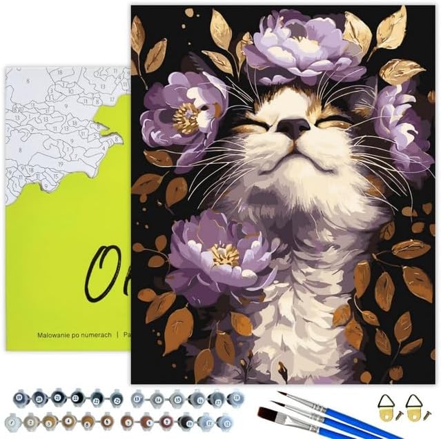 Malen nach Zahlen Set 40x50 cm, Cat in purple flowers