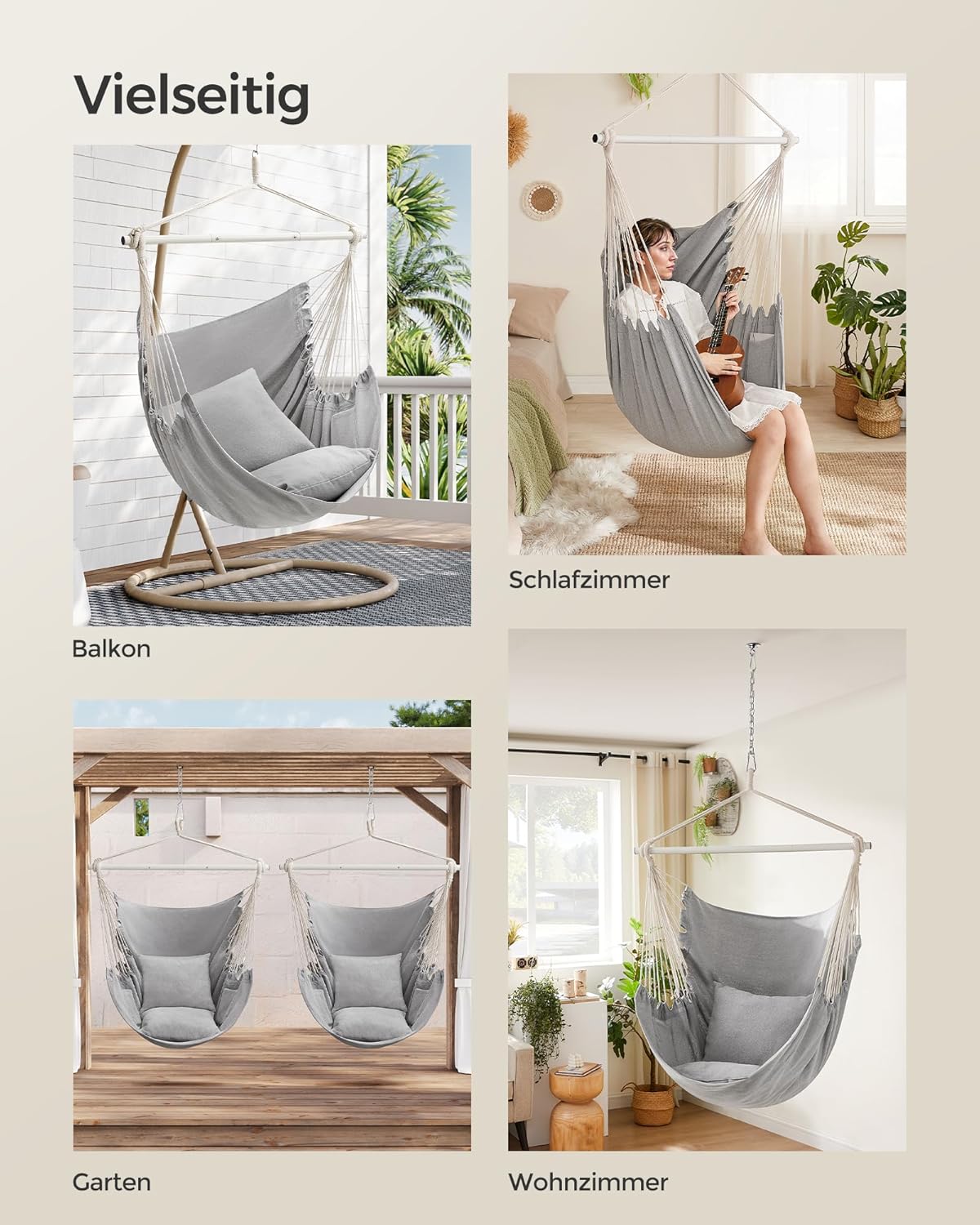 Hängesessel mit Kissen und Metallkette, Indoor/Outdoor, Taubengrau Stahlstange