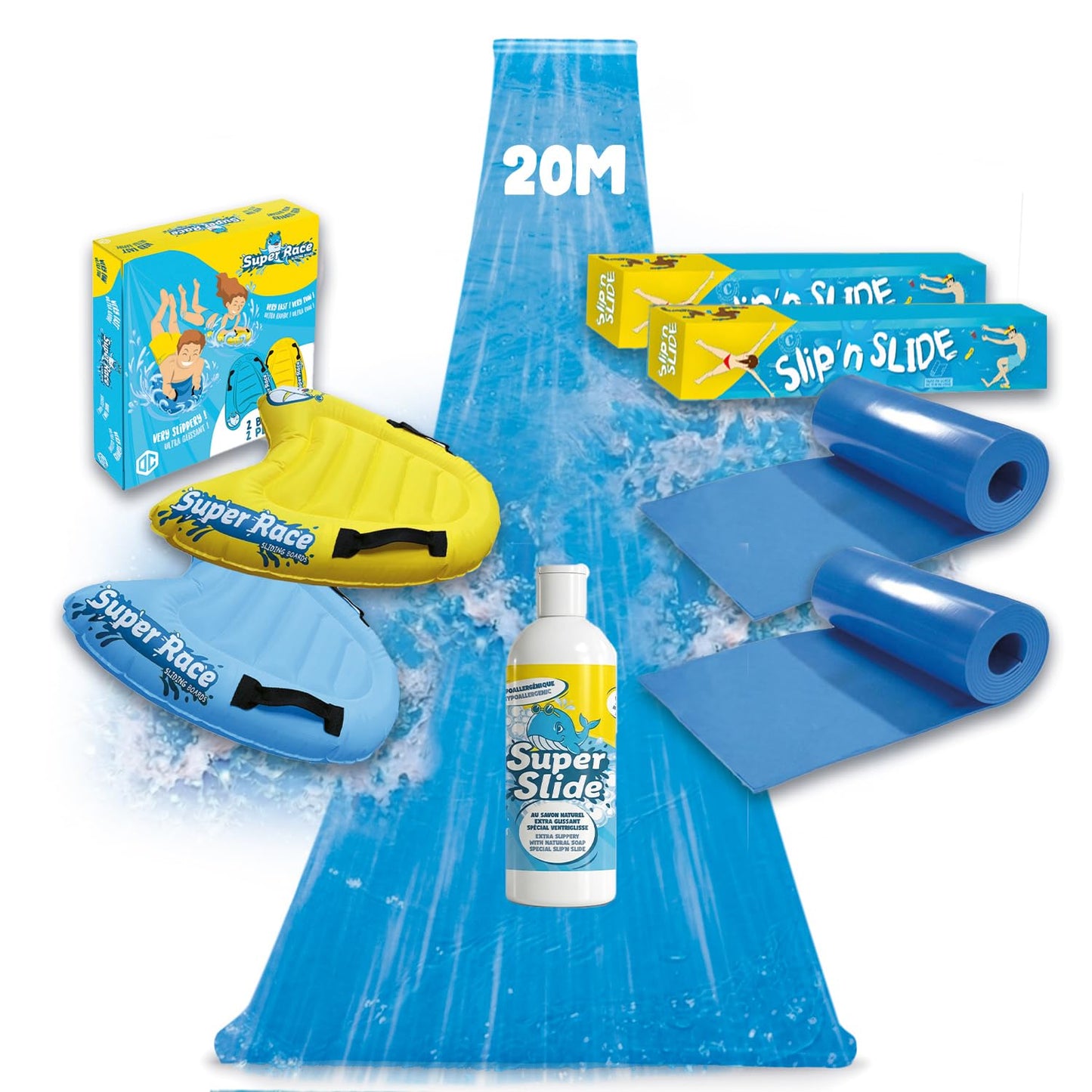 2 Stk. Slipn’Slide Wasserrutschmatten mit Bodyboards, Wasserrutschen x2 + Bodyboards + Seife x1