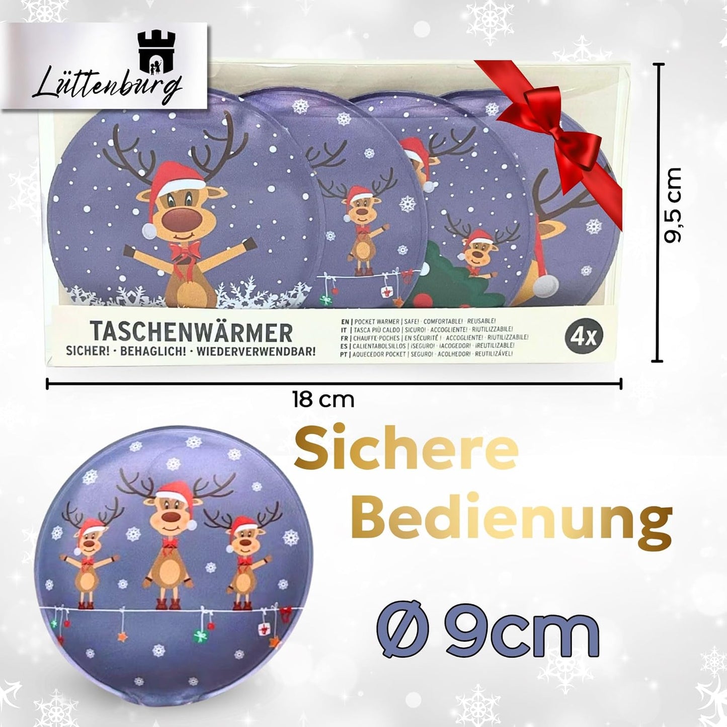 12er-Taschenwärmerset für Kinder Rentier Rudolph, 12er Set rund