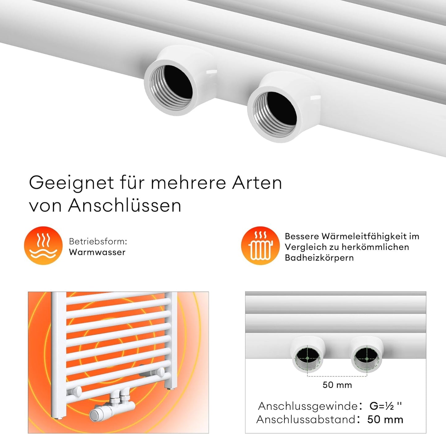 Handtuchheizkörper mit Seiten- und Mittelanschluss, 50x160cm Weiss