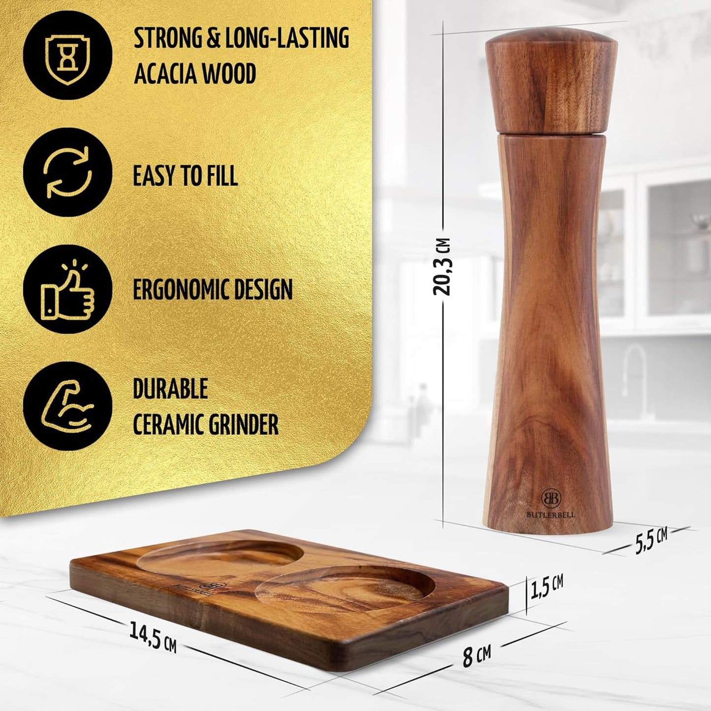 Salz- und Pfeffermühlen-Set mit Untersetzer, Salt And Pepper Mill - English