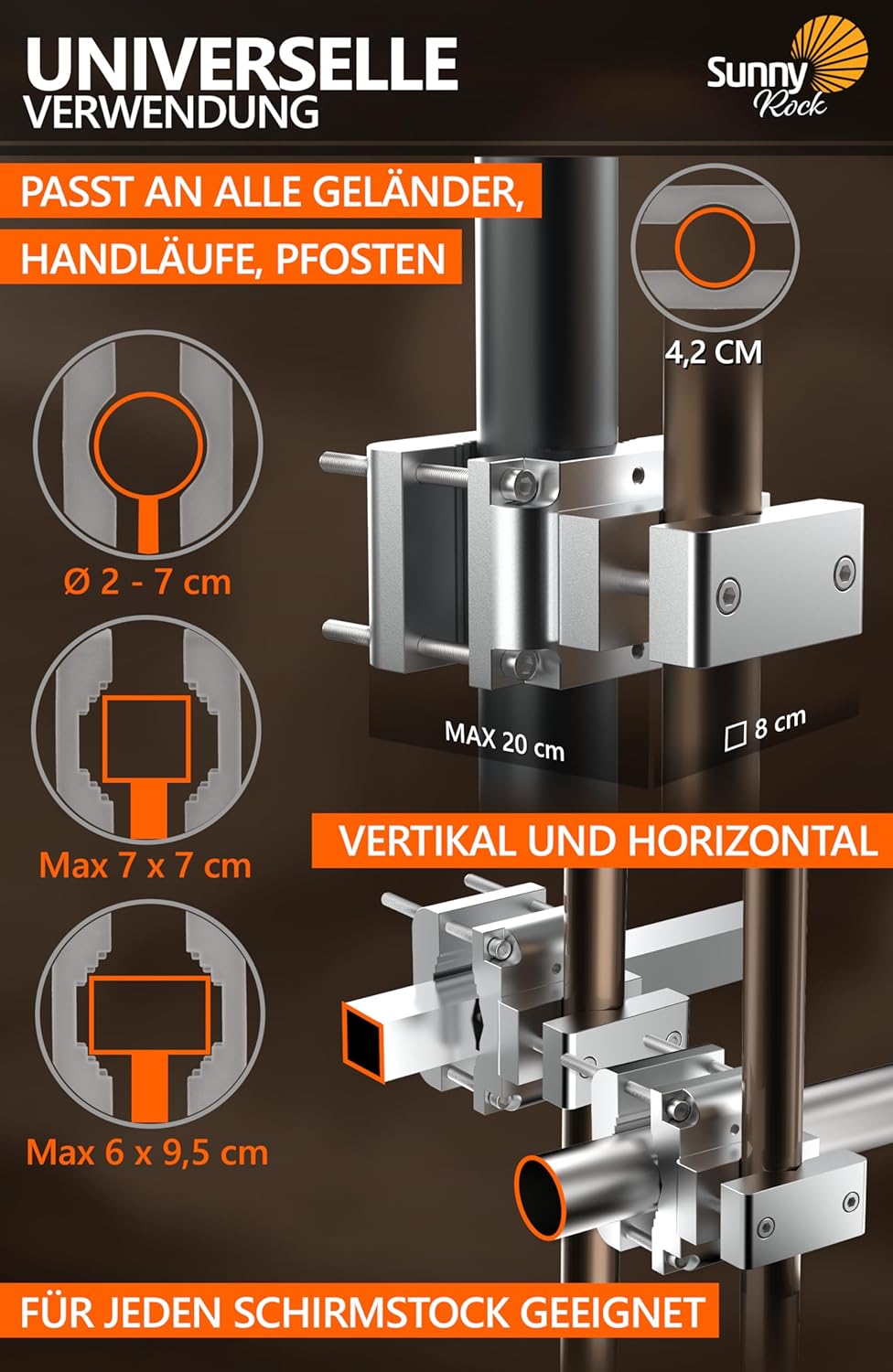 Sonnenschirmhalterung für Balkongeländer, Silber