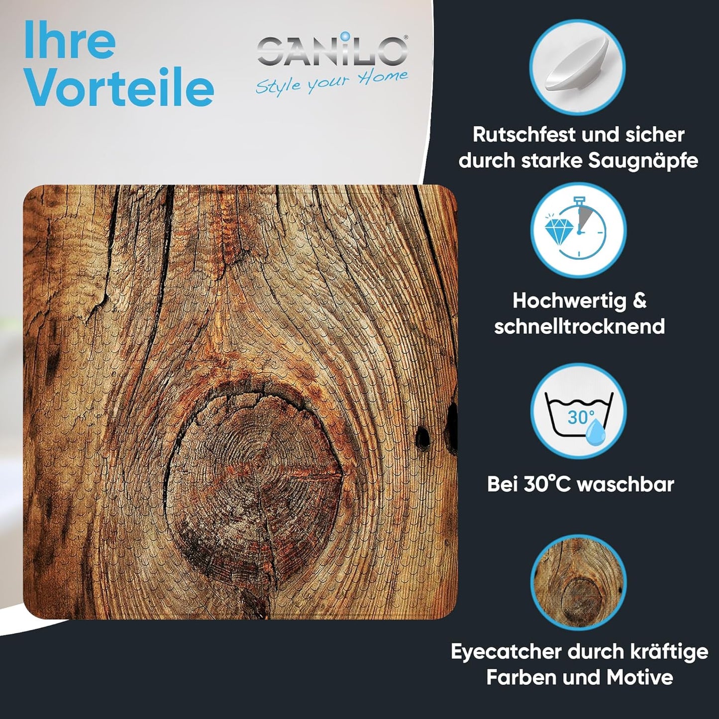 Rutschfeste Badematte 53x53 cm, maschinenwaschbar, Rustikal