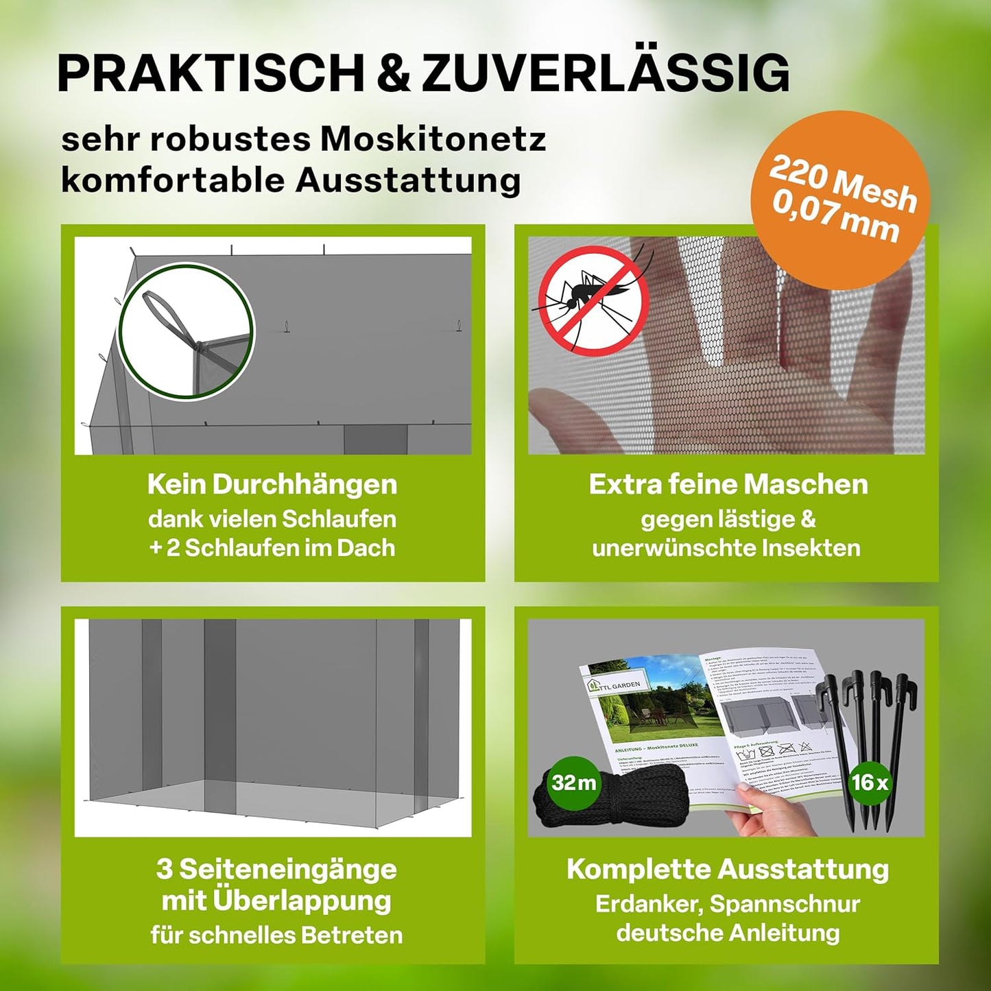 Moskitonetz Deluxe XXL mit 3 Eingängen, feinmaschig, L500xB300xH250 cm Schwarz