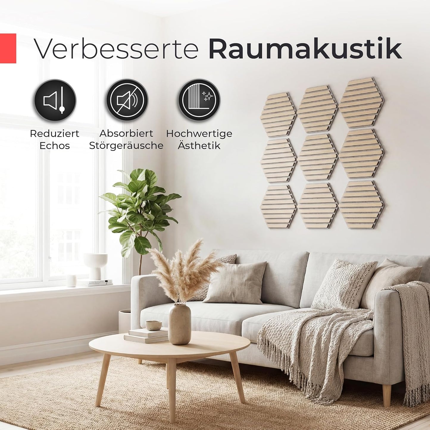 3er Set Akustikpaneele, 3 Stück | 30 x 26 x 2,1 cm Holzfurnier Eiche | Akustikfilz Grau