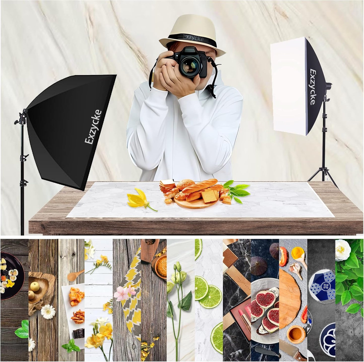 Fotohintergrundpapier mit Ständer, Weiß Braun Schwarz