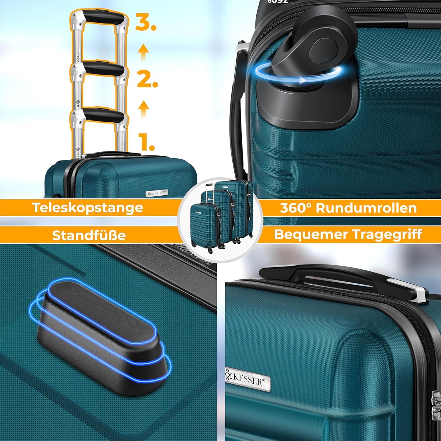 3tlg. Hartschalenkofferset Hartschalenkoffer Reisekoffer Set, Petrol Grün