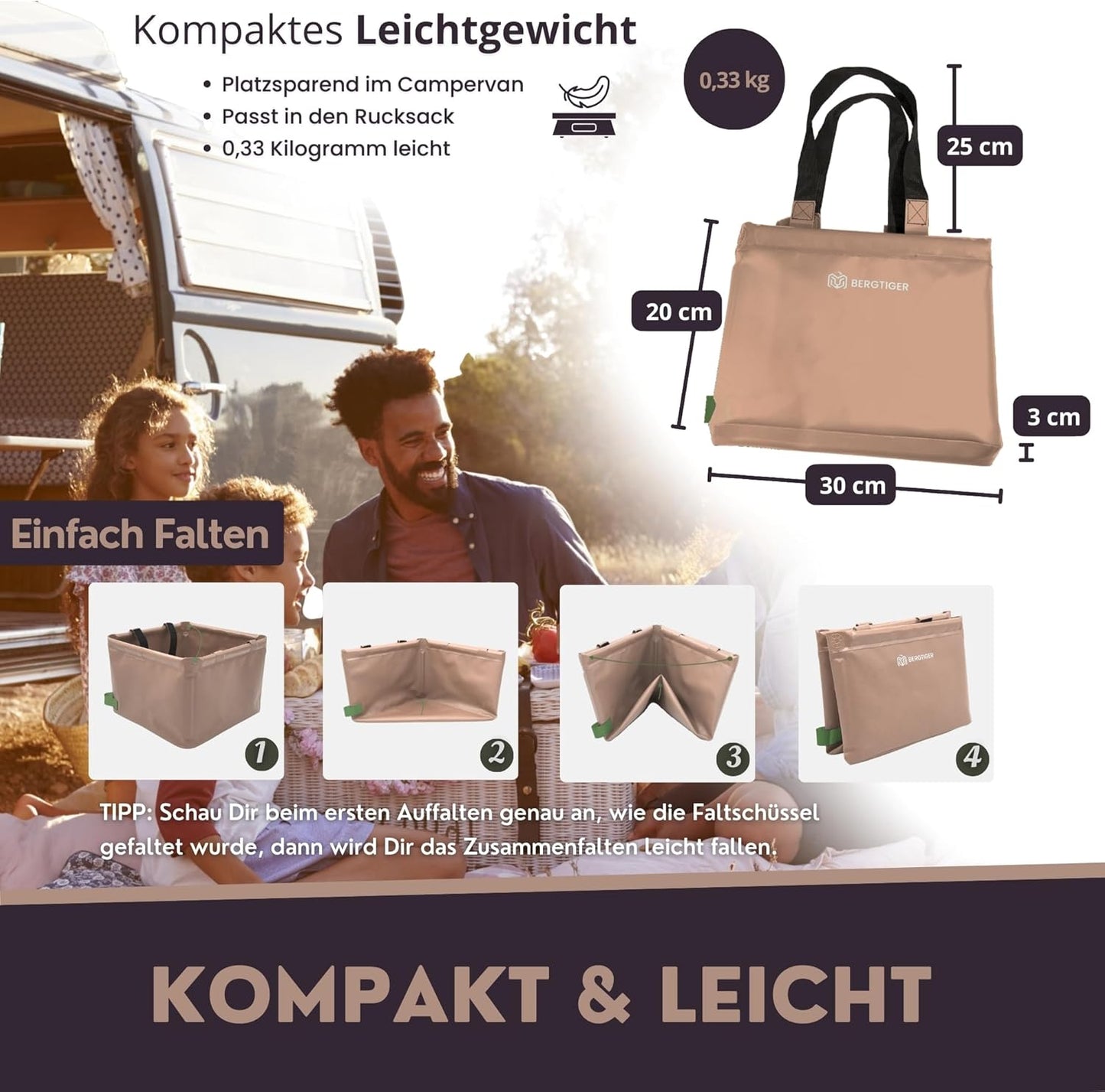 Faltbare Camping-Spülschüssel, Khaki / Olive - 18 Liter