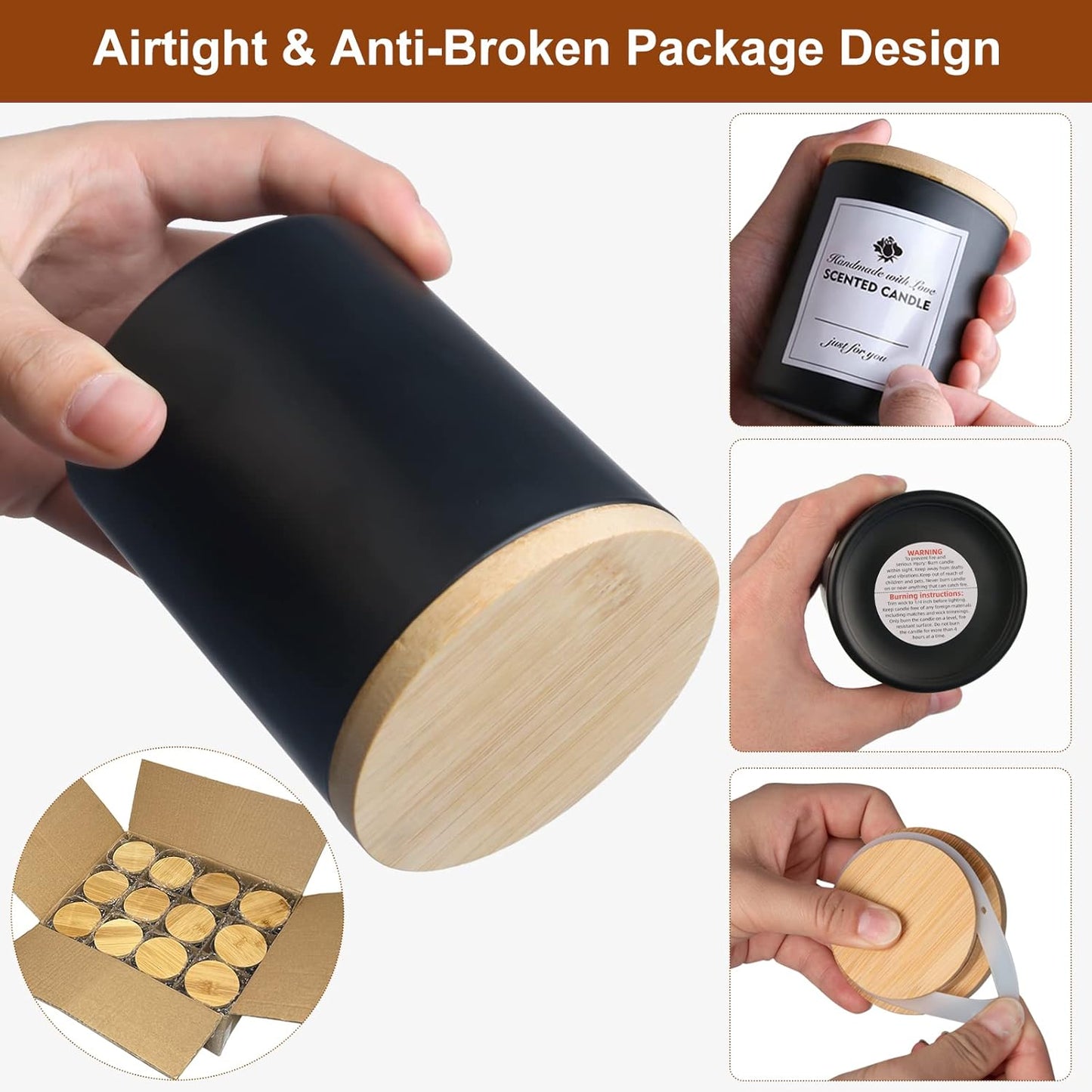 Kerzengläser-Set mit Bambusdeckel, Schwarz