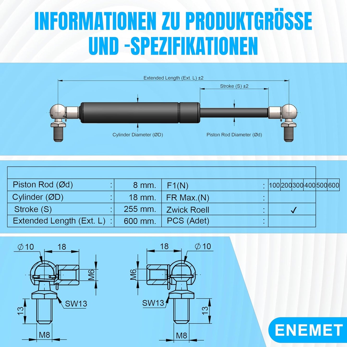 Gasdruckfeder für Türen, Autos & Schränke, 600 mm, 600N, 600 MM 600N