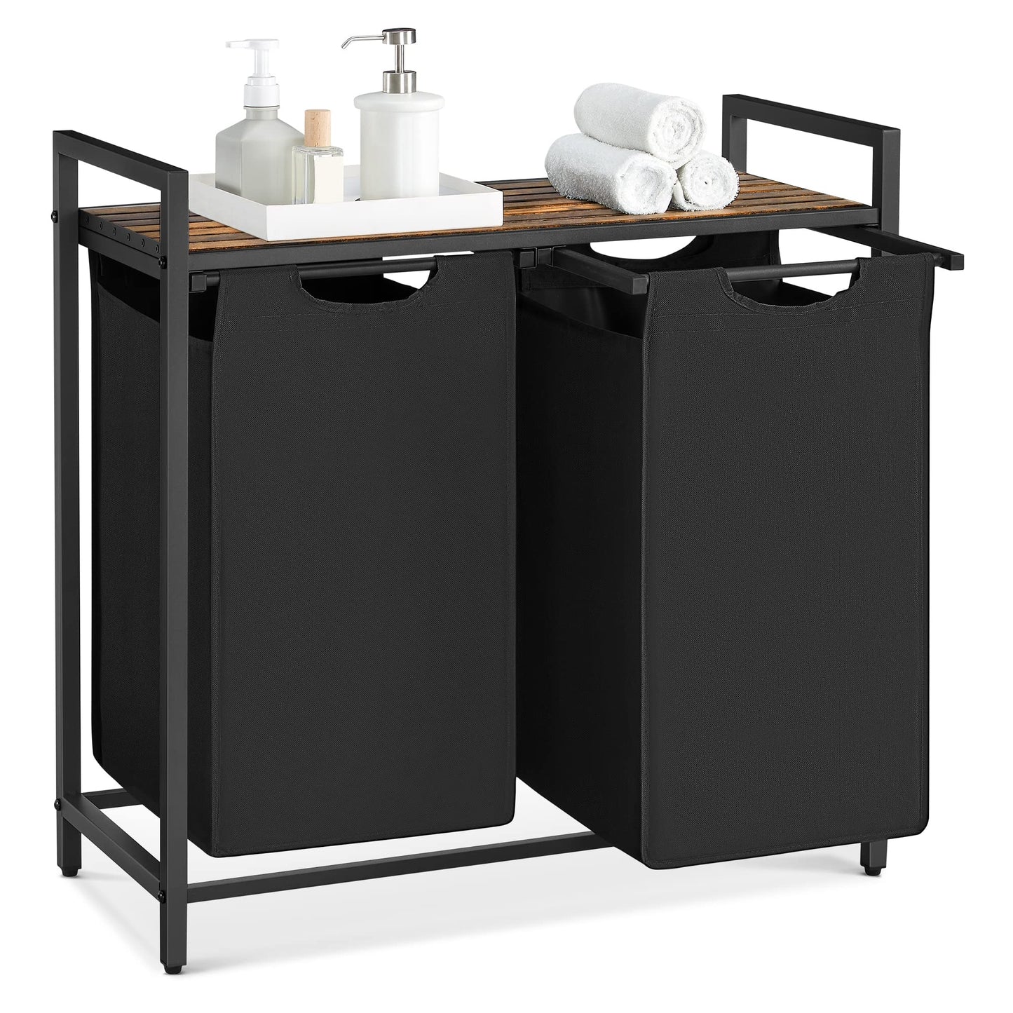 Wäschesammler mit Ablage und 2 Fächer, Tintenschwarz + Vintagebraun 92 L (2 Fächer)