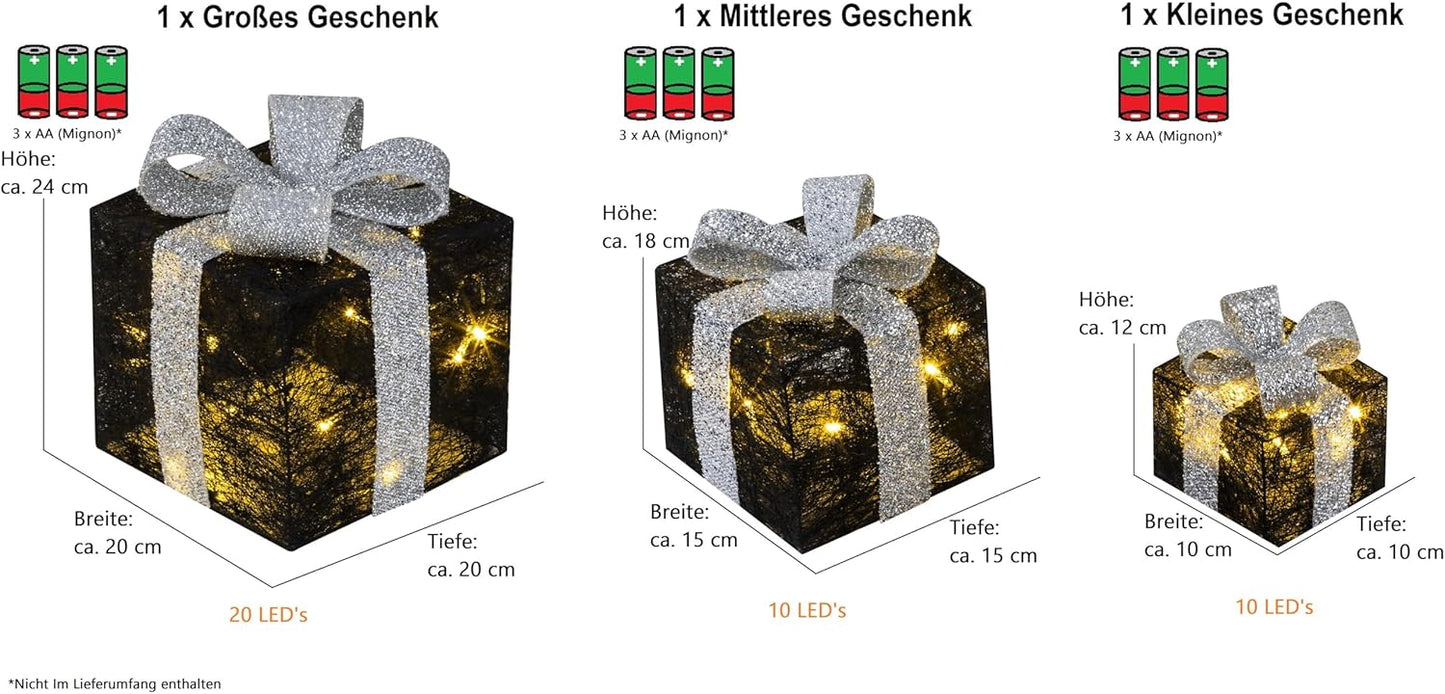 3er-Set LED-Geschenkboxen mit Timer, Schwarz-Silber
