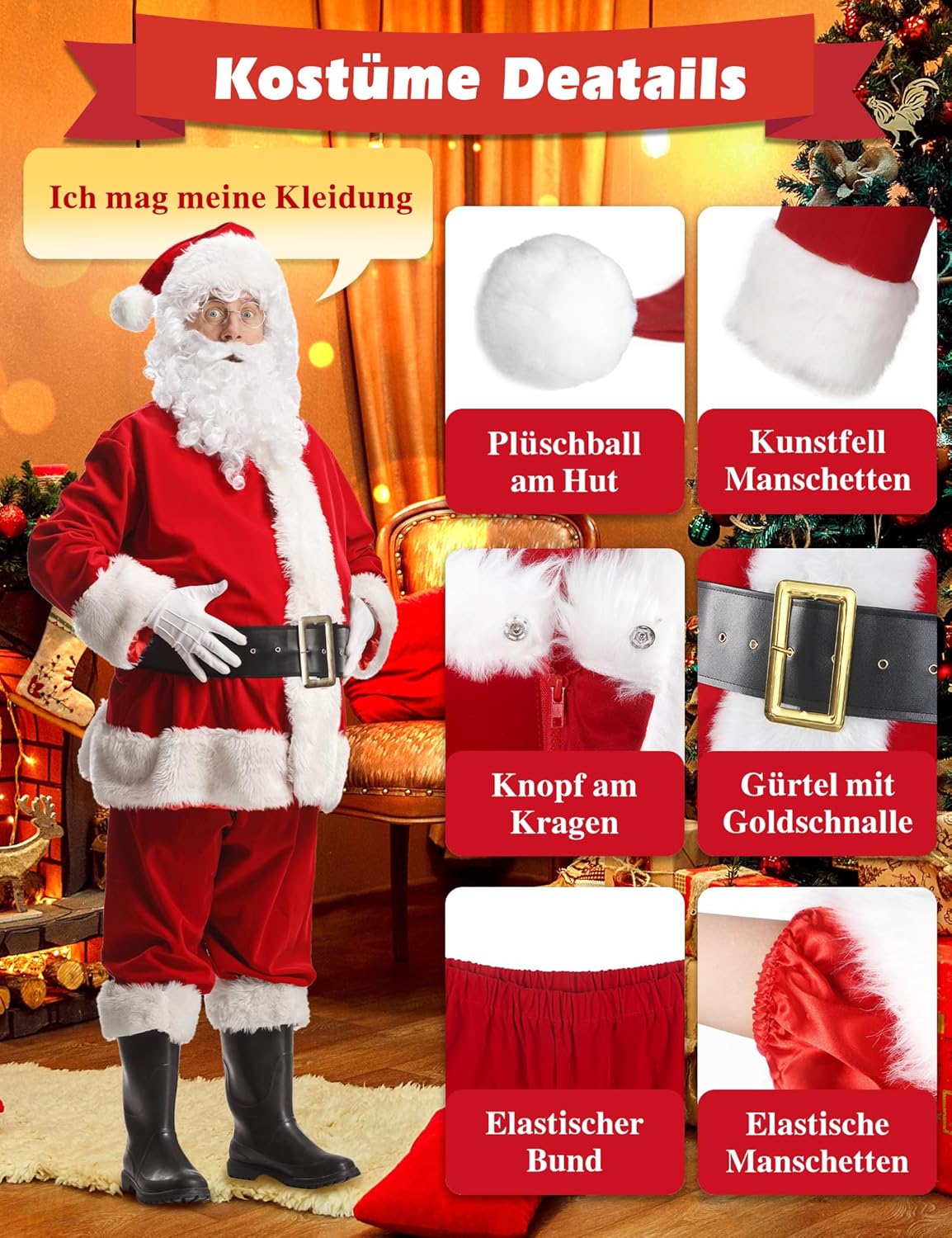 11-teiliges Weihnachtsmann Kostüm, XL