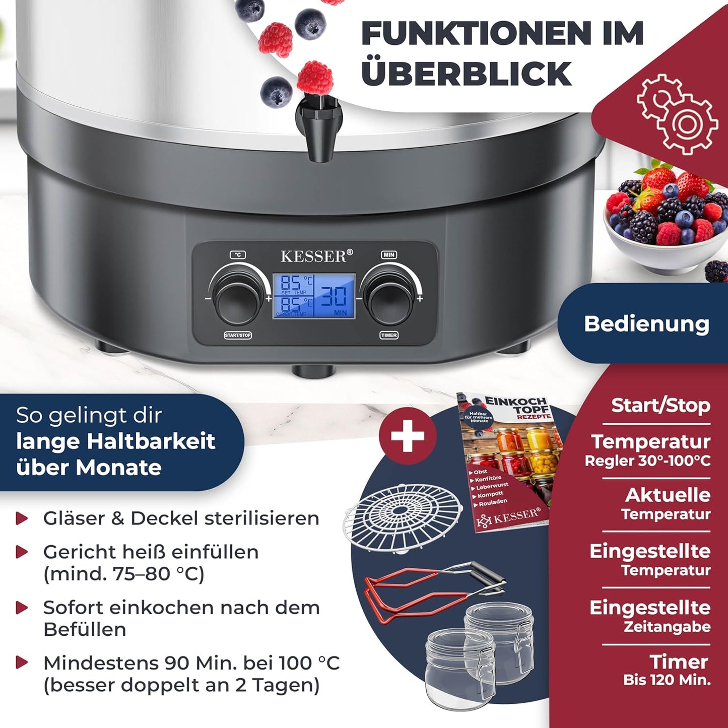 Einkochautomat mit Timer und Abschaltautomatik, 27 Liter Edelstahl
