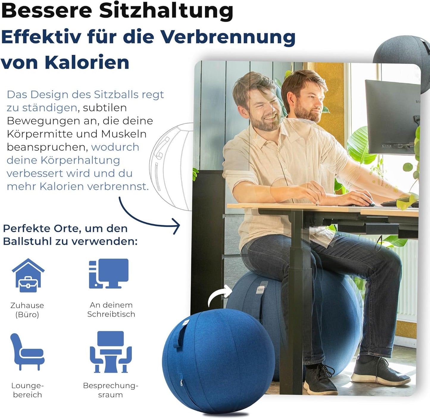 Ergonomischer Sitzball mit waschbarem Bezug, 55 cm Dark Blue
