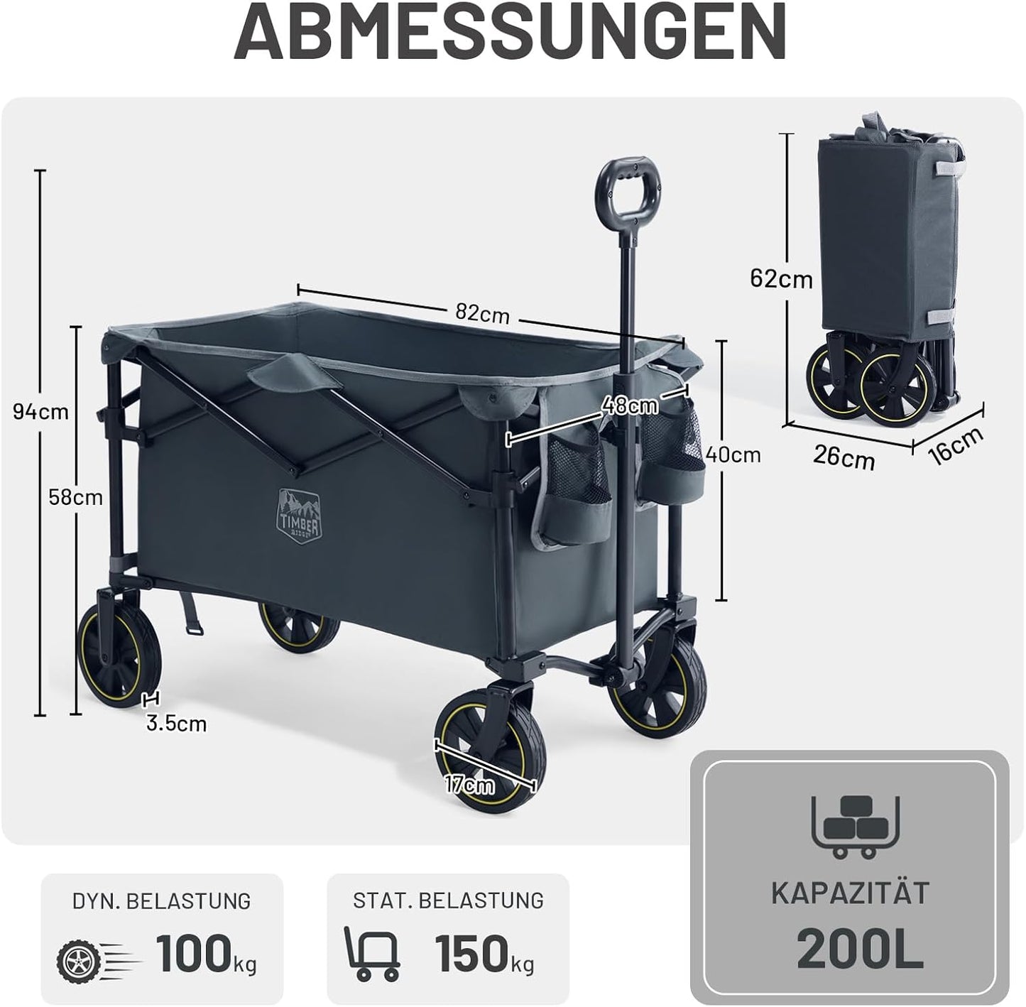 Faltbarer Bollerwagen mit verstellbarem Griff, Grau