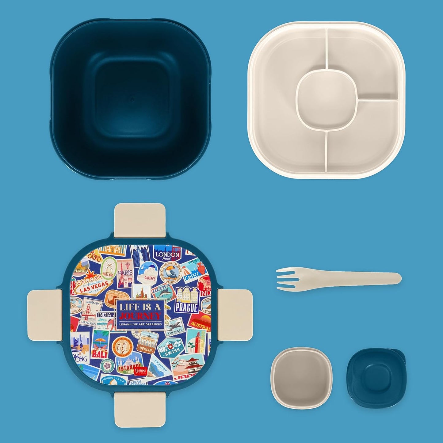 Lunchbox mit Fächern und Gewürzbehälter, TRAVEL STICKERS
