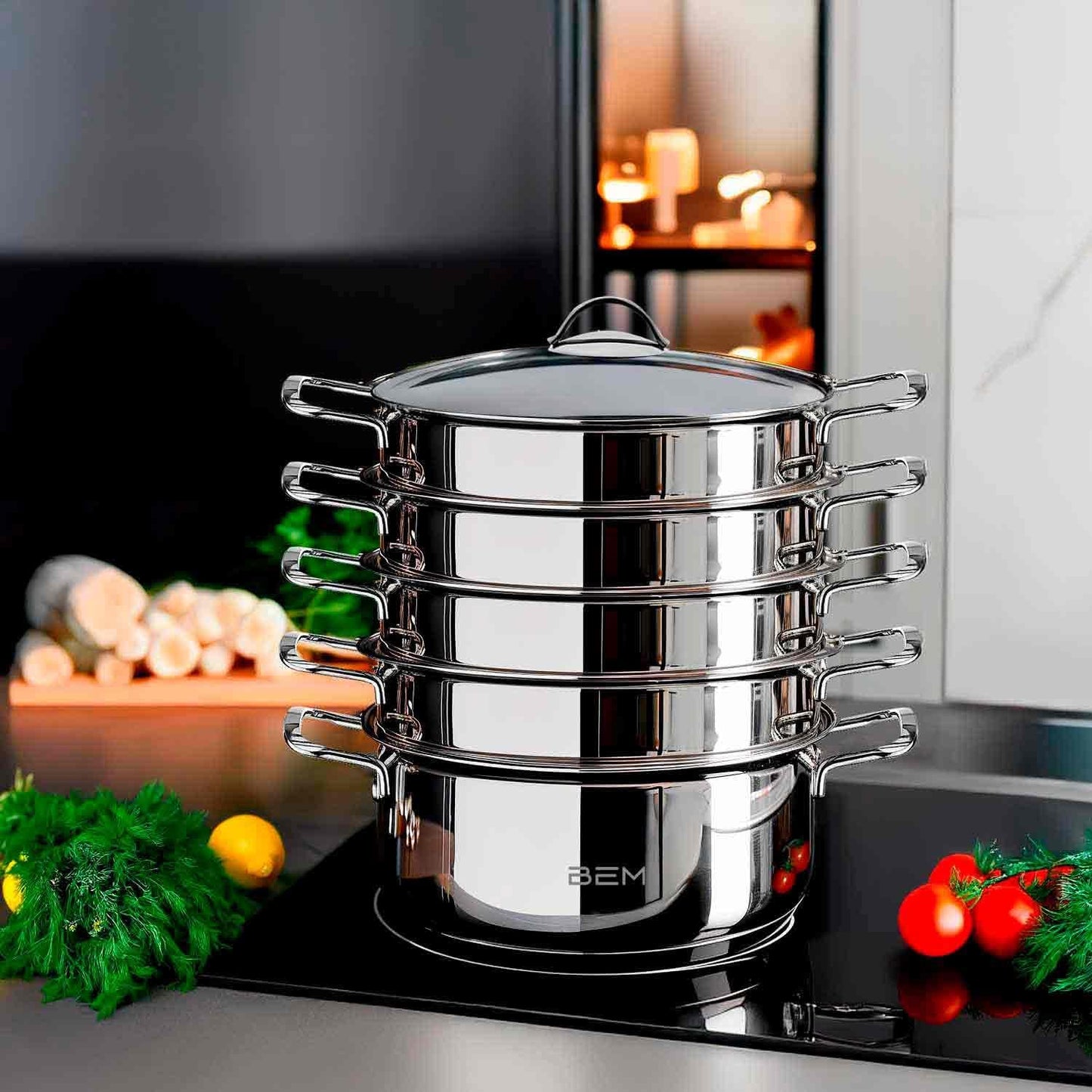 6-teiliges Dampfkochtopf Set mit Dampfeinsatz, Ø 28 cm
