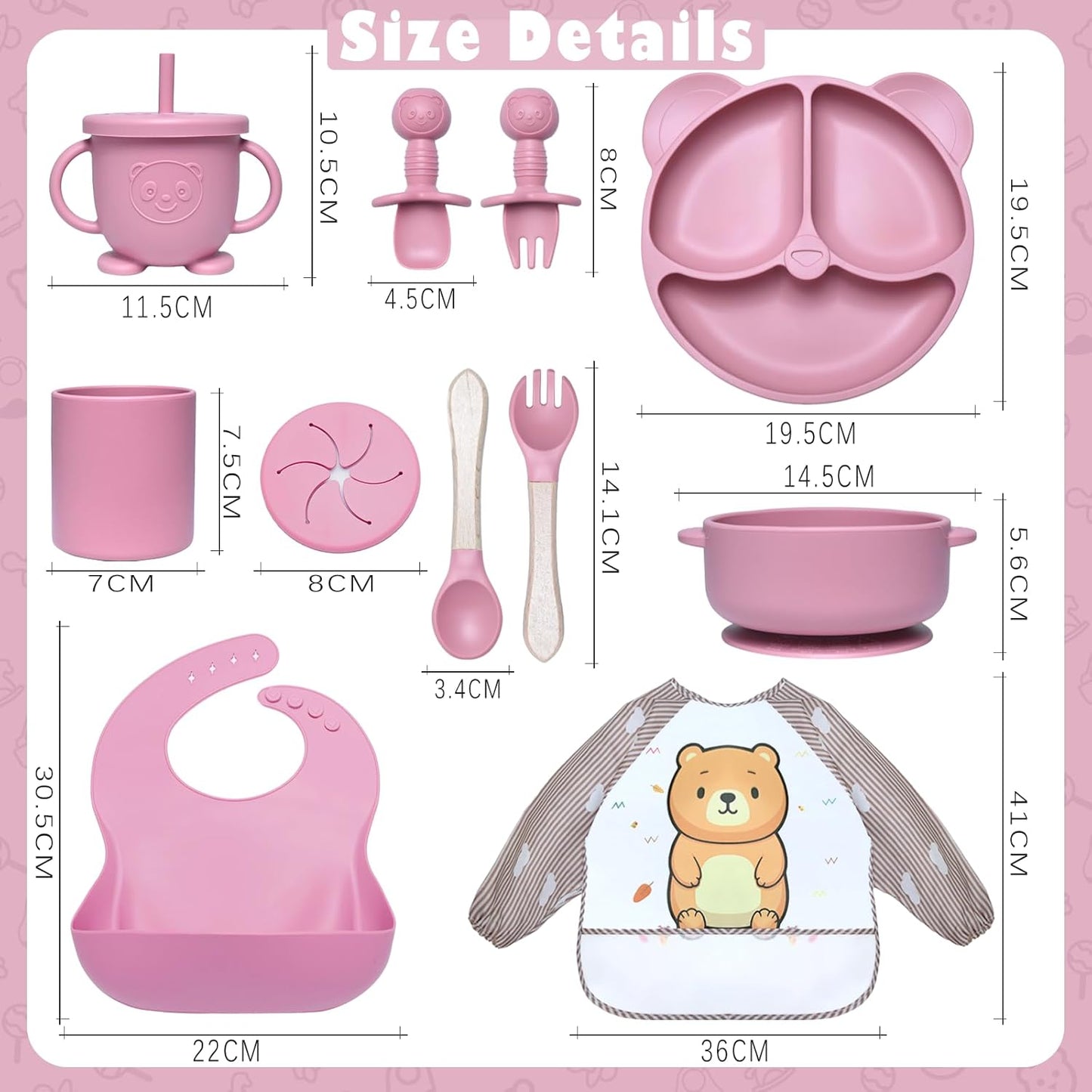 11-teiliges Kindergeschirrset mit Saugnapf, Rosa