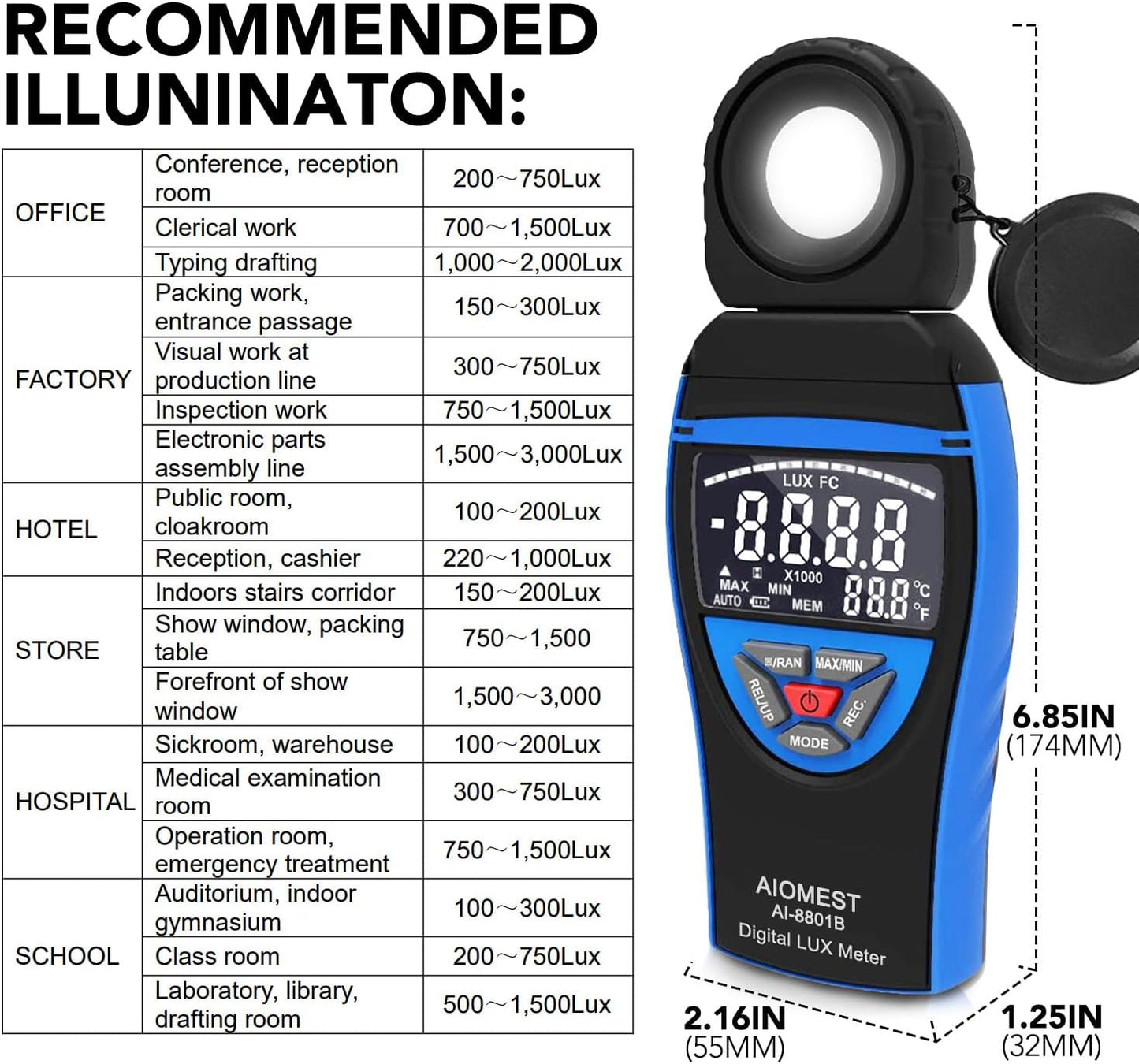 Digitales Luxmeter AI-8801B mit drehbarem Detektor