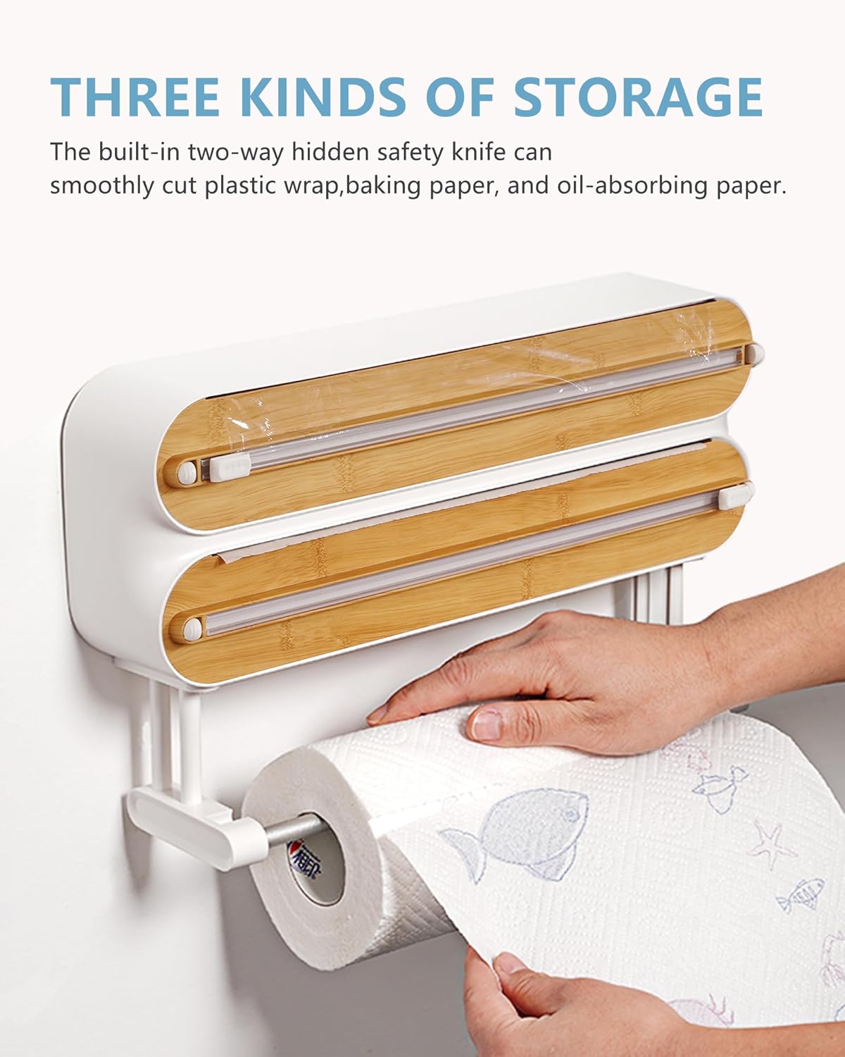 3-in-1 Küchenrollen- und Folienspender mit Cutter, Bambus/Weiss