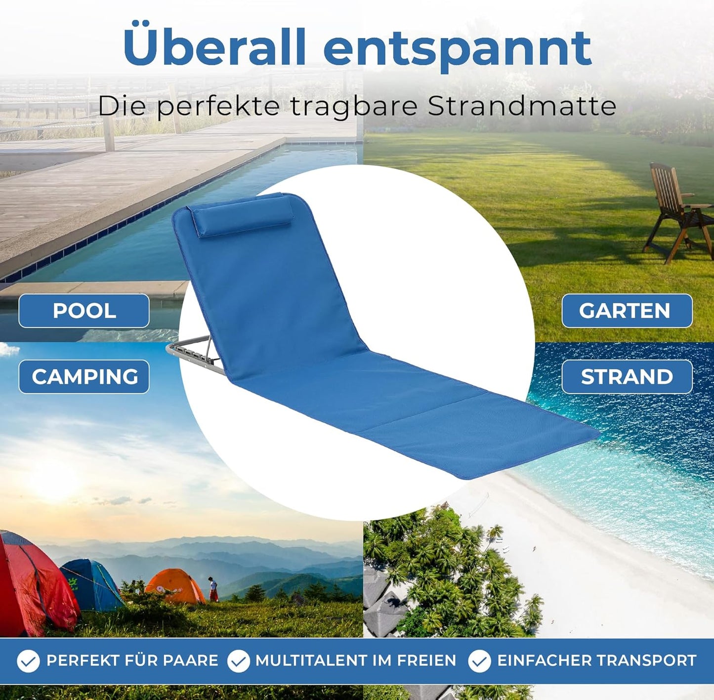 Strandmatte 2er-Set mit Verstellbarer Rückenlehne, Blau