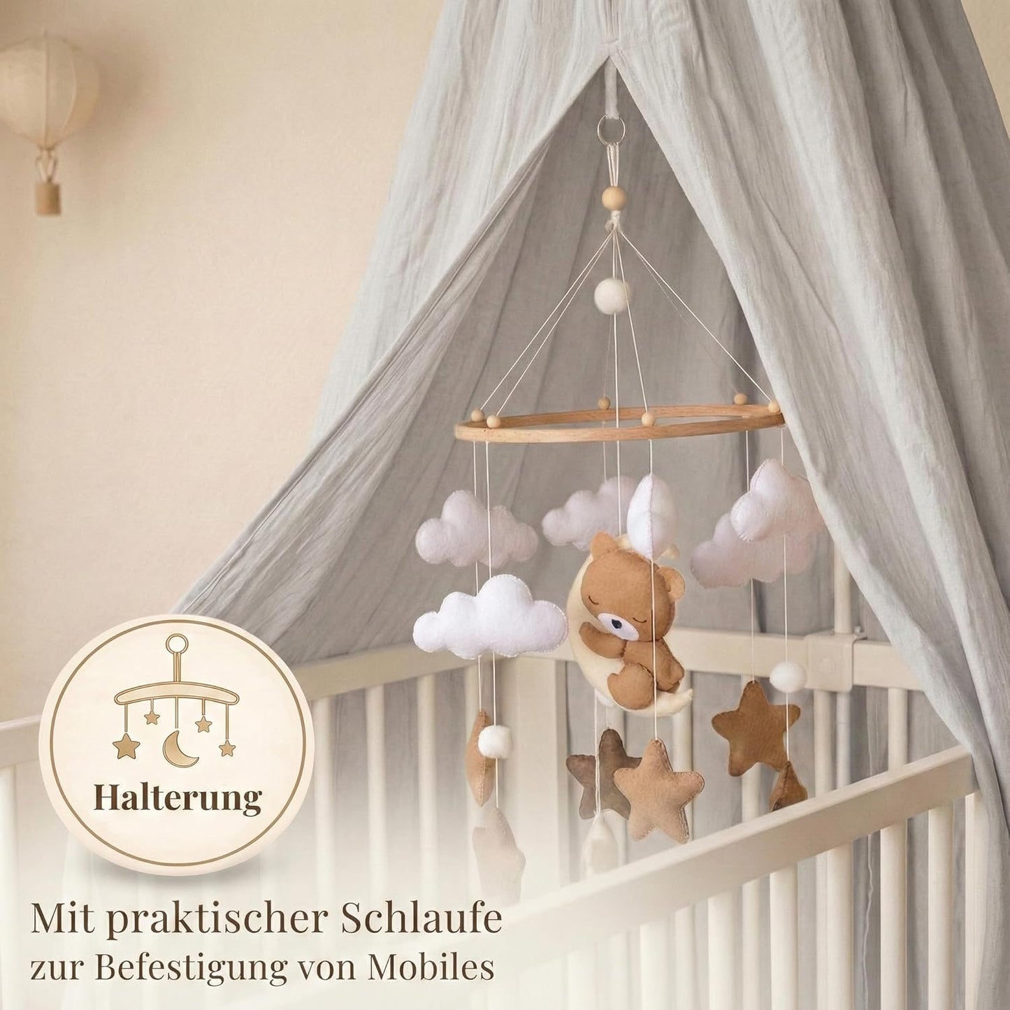 Betthimmel-Set für Babybett, montierbarer Ständer + Stoff hellgrey