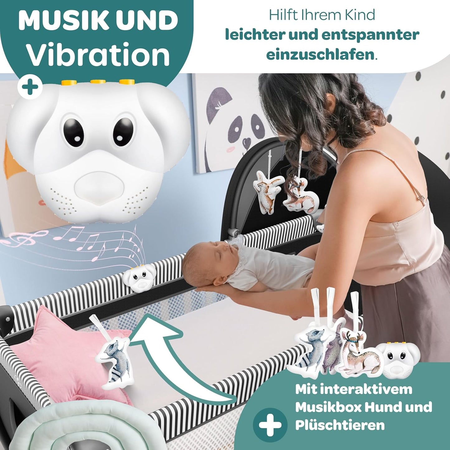 Klappbares Babyreisebett mit Matratze & Zubehör, Schwarz