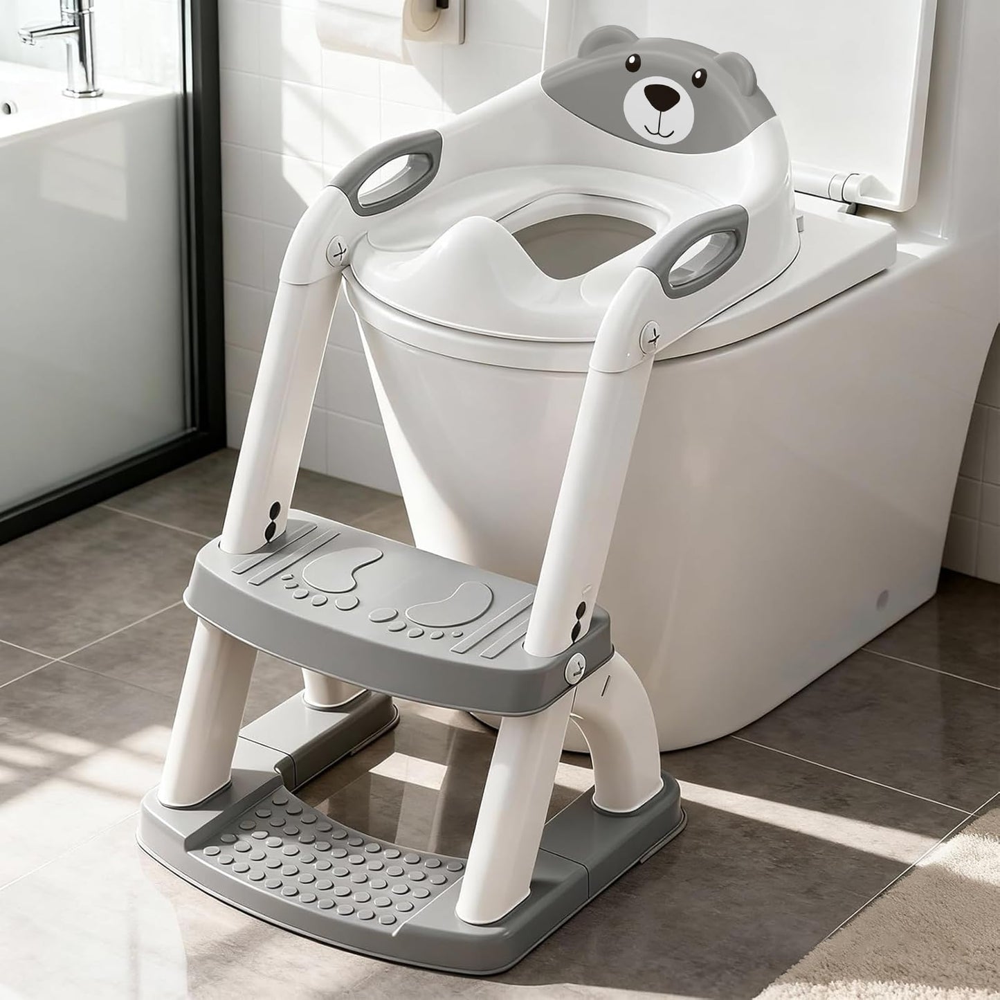 2-in-1 Toilettenaufsatz mit Treppe für Kinder, Grau-8898