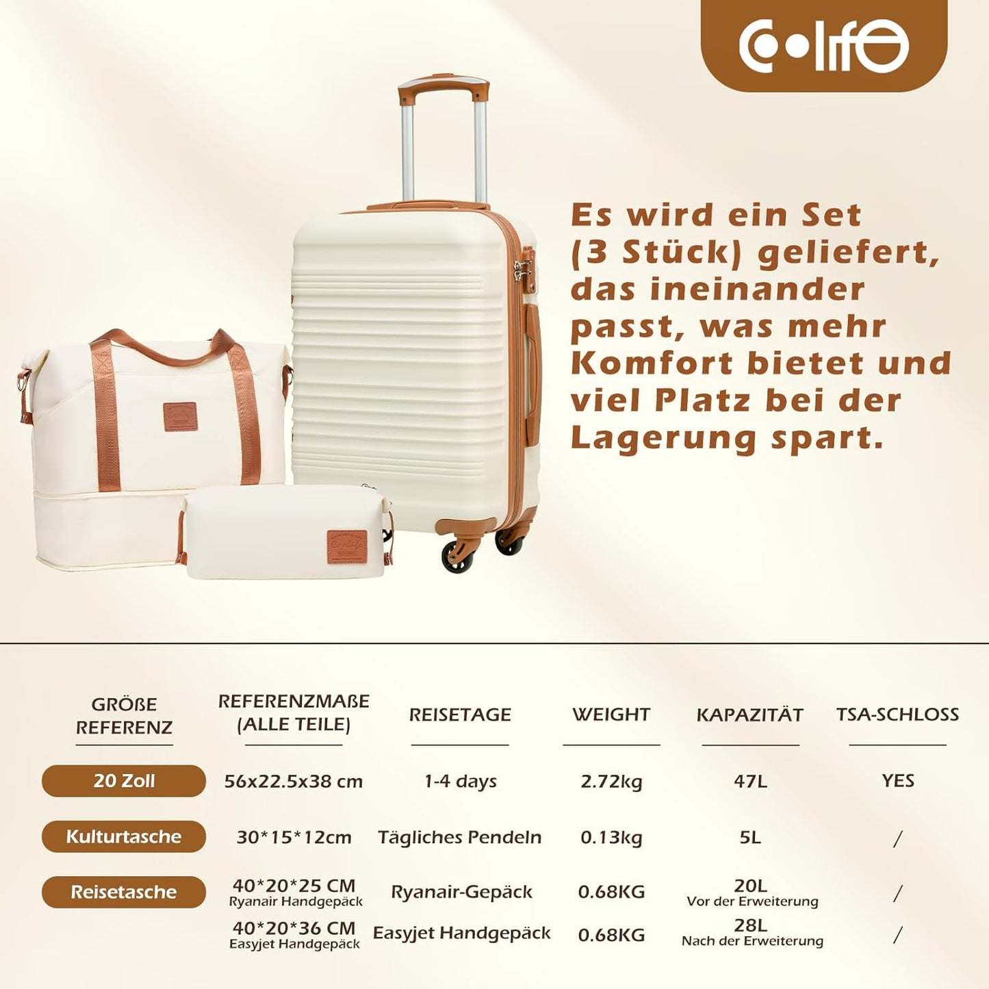 3-teiliges Handgepäckkofferset mit TSA-Schloss, Kulturtasche und erweiterbarer Reisetasche, Handgepäck-Set 3tlg Dunkelgrün/Braun