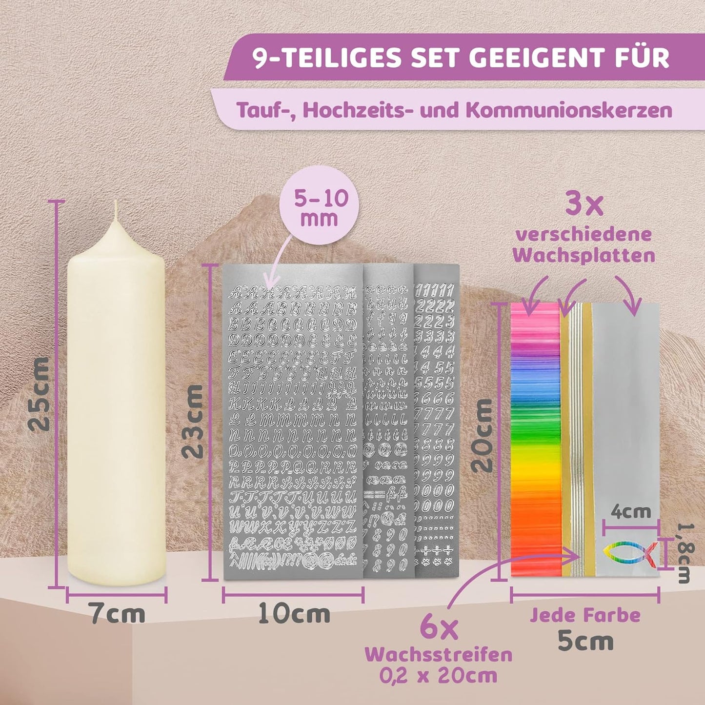 Taufkerze Bastelset mit Buchstaben und Wachsmotiven, Regenbogen Gold | Silber mit Fisch Kerze 25x7 cm | Creme