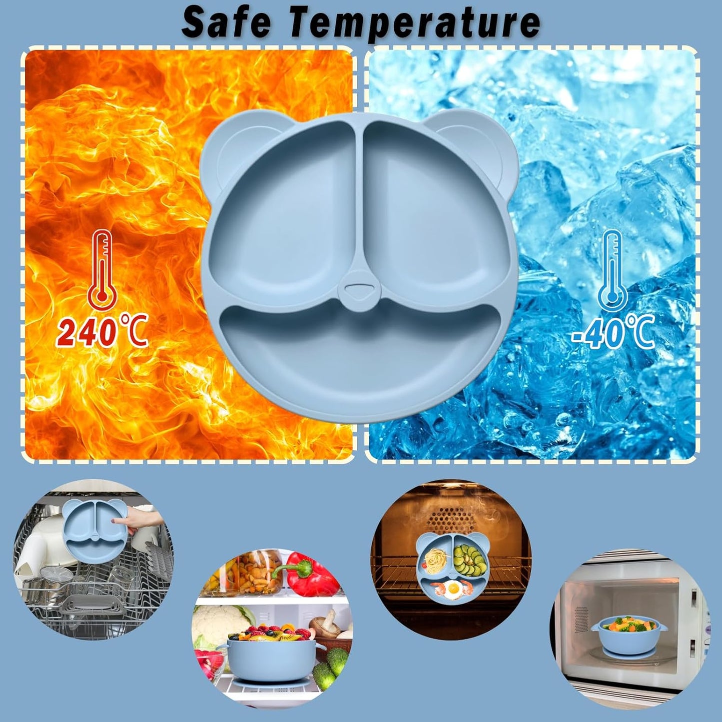 Silikon Baby Geschirrset mit Saugnapf (10-teilig), Blau
