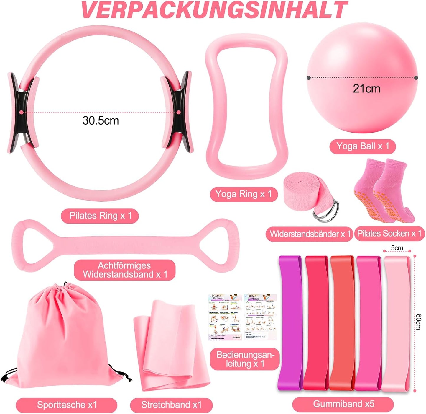 Pilates Set mit Ring, Ball und Fitnessbändern, Pink