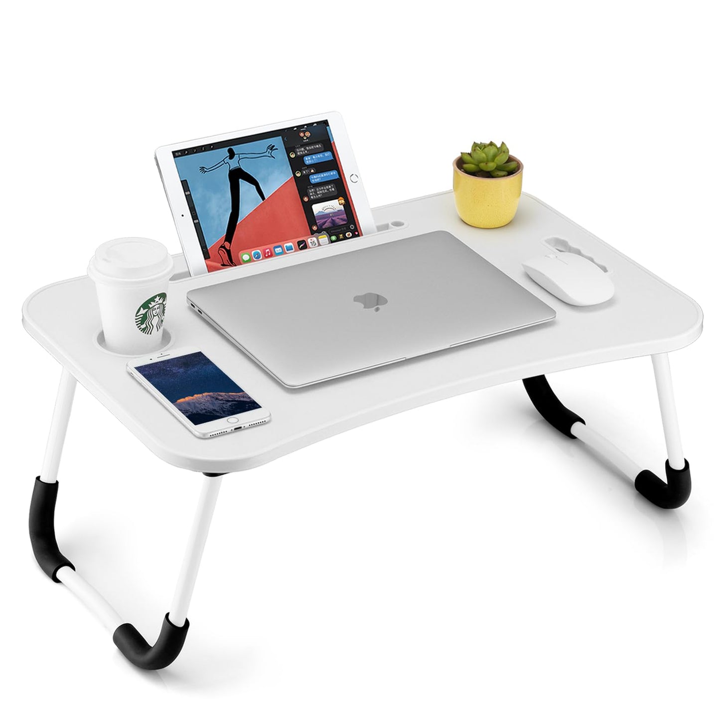 Faltbarer Laptoptisch mit Getränkehalter & Tablet-Schlitz, Weiss/Opulenter Garten