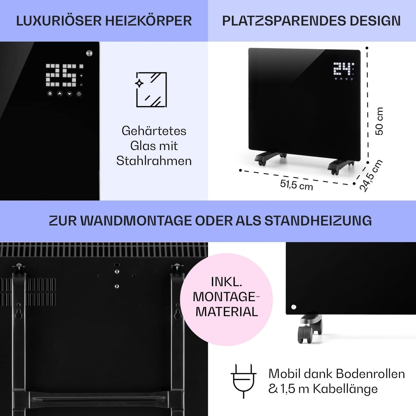 Elektroheizung mit Bodenrollen, Schwarz ; Bornholm Single