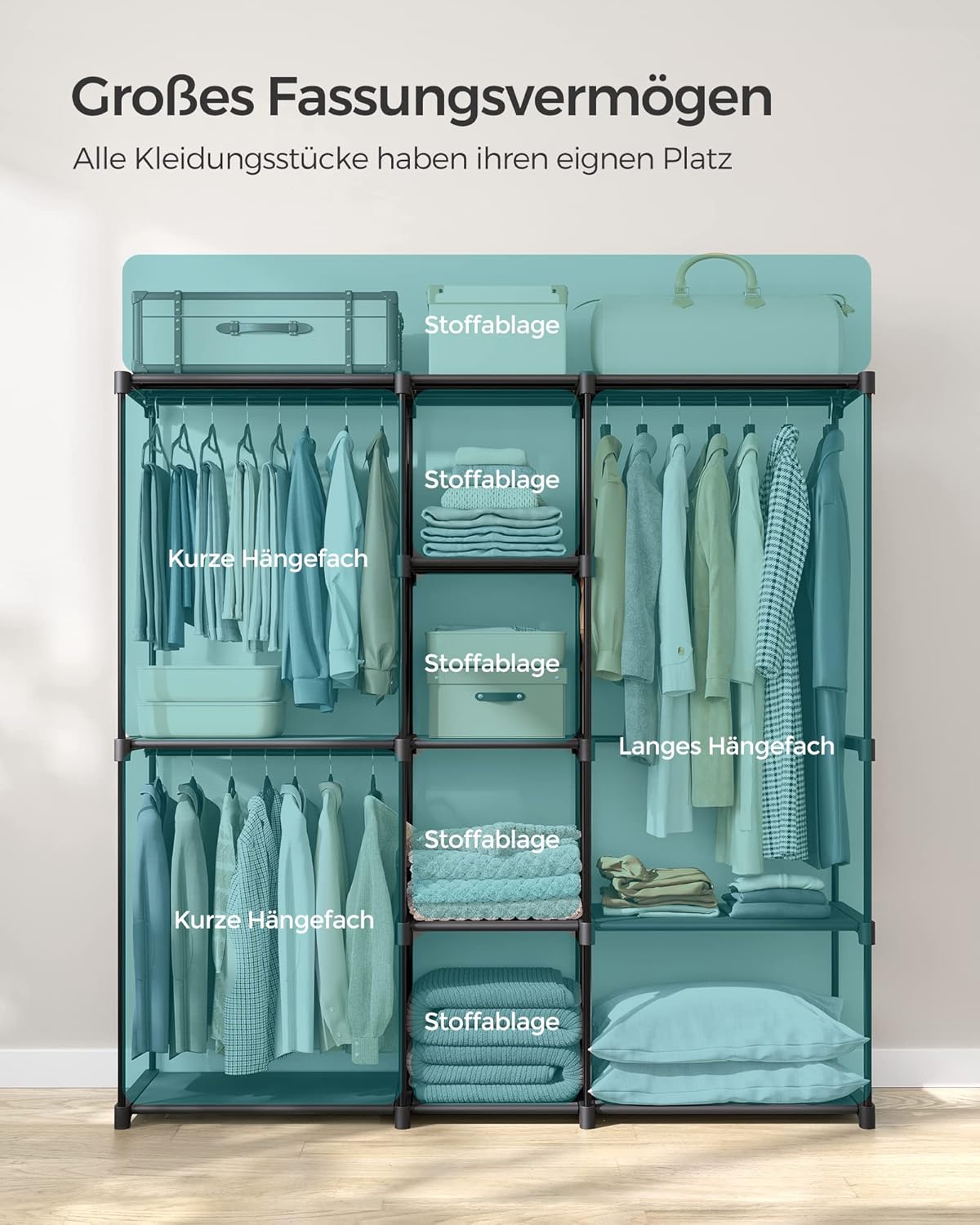 Kleiderschrank mit Stoffablagen, Tintenschwarz