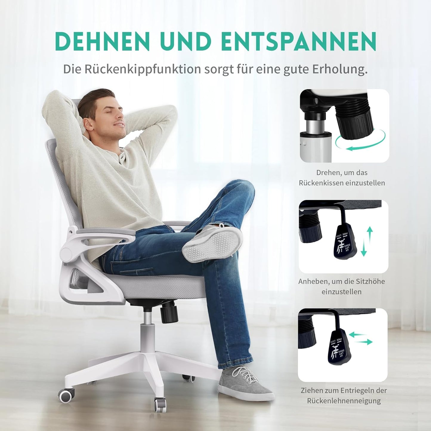 Ergonomischer S-förmiger Bürostuhl ‎W-23-1W mit Klapparmlehnen, Weiss Grau