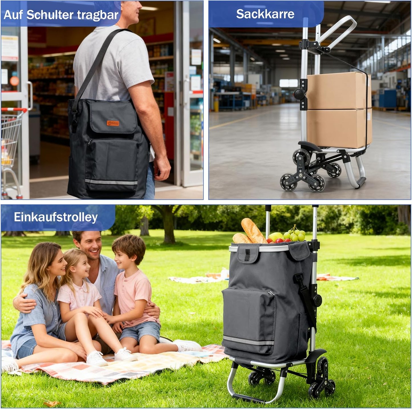 Einkaufstrolley mit Treppensteiger und Kühlfach, Grau