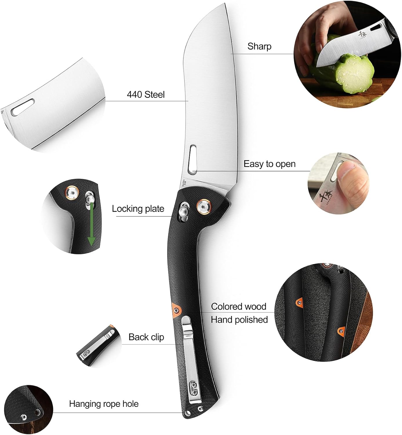 440 Santokmesser mit klappbarem G10 Griff, G10 Santoku